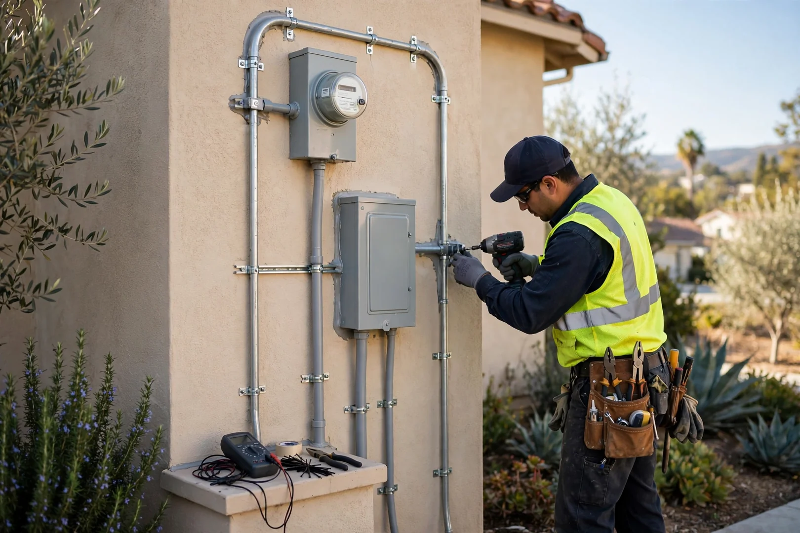 Repaired exterior service entrance with secured connections on a Santa Clara property