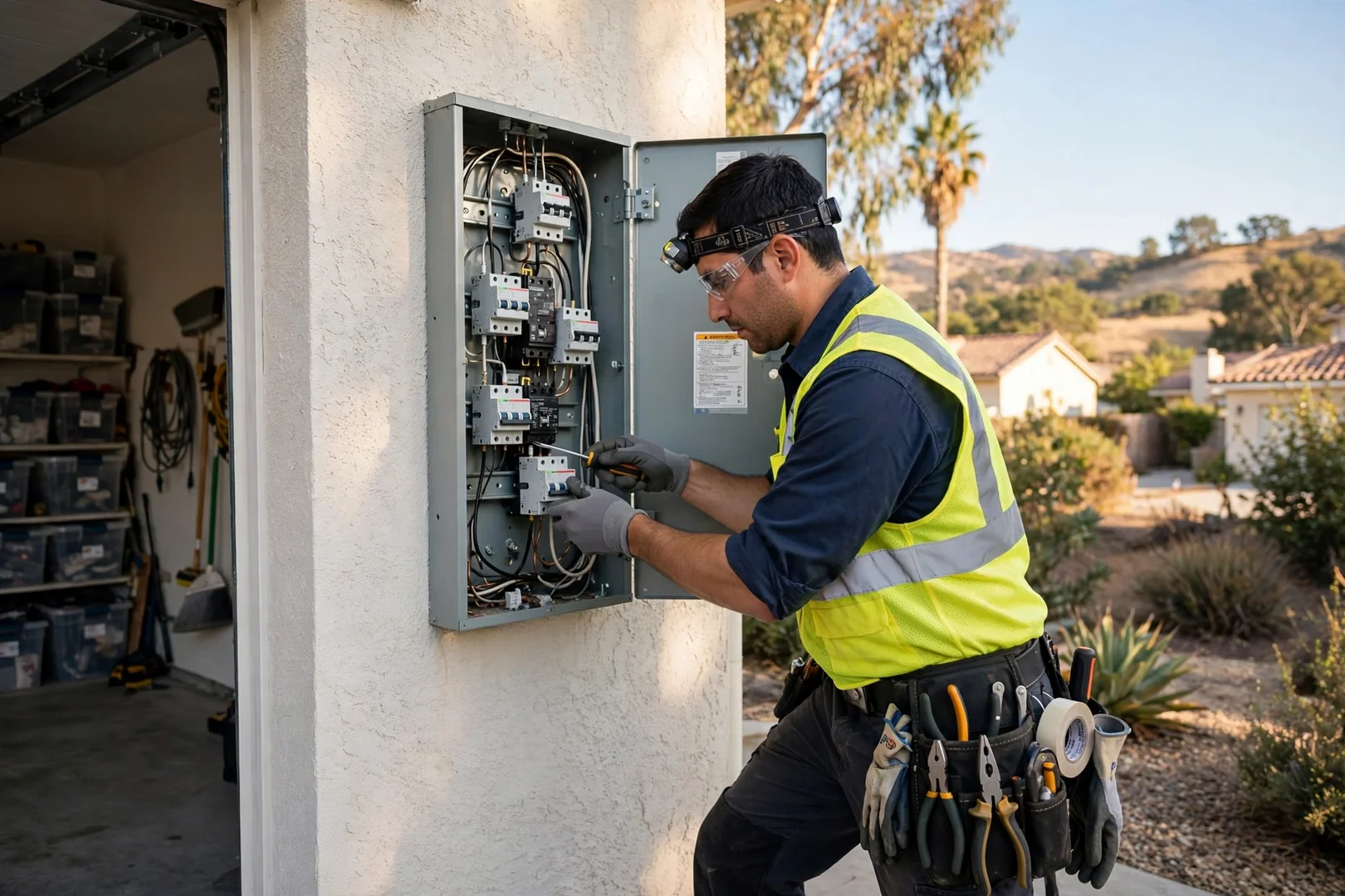 Electrician replacing a tripped breaker during an urgent repair in Santa Clara