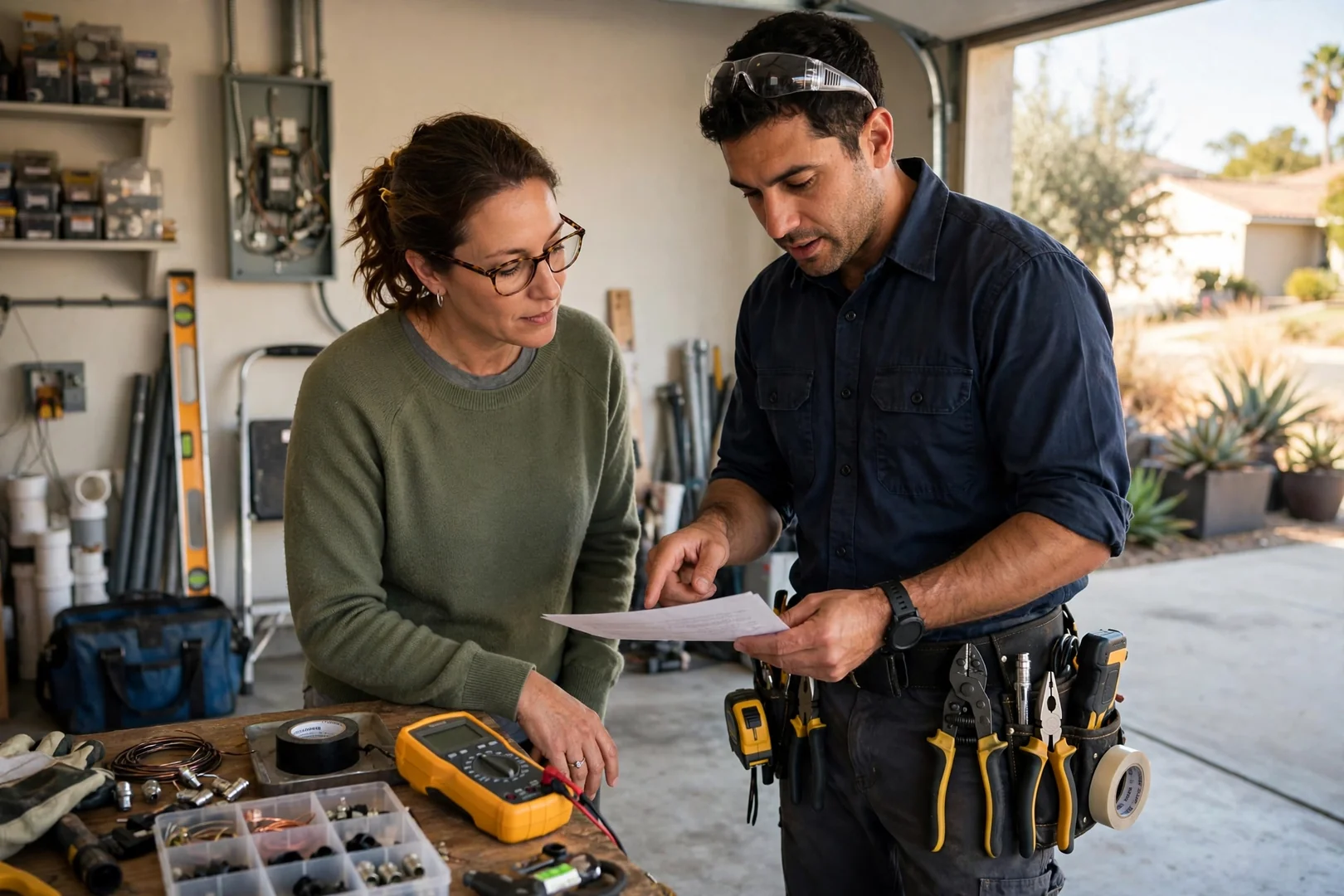 Homeowner reviewing a written repair estimate with a local electrician