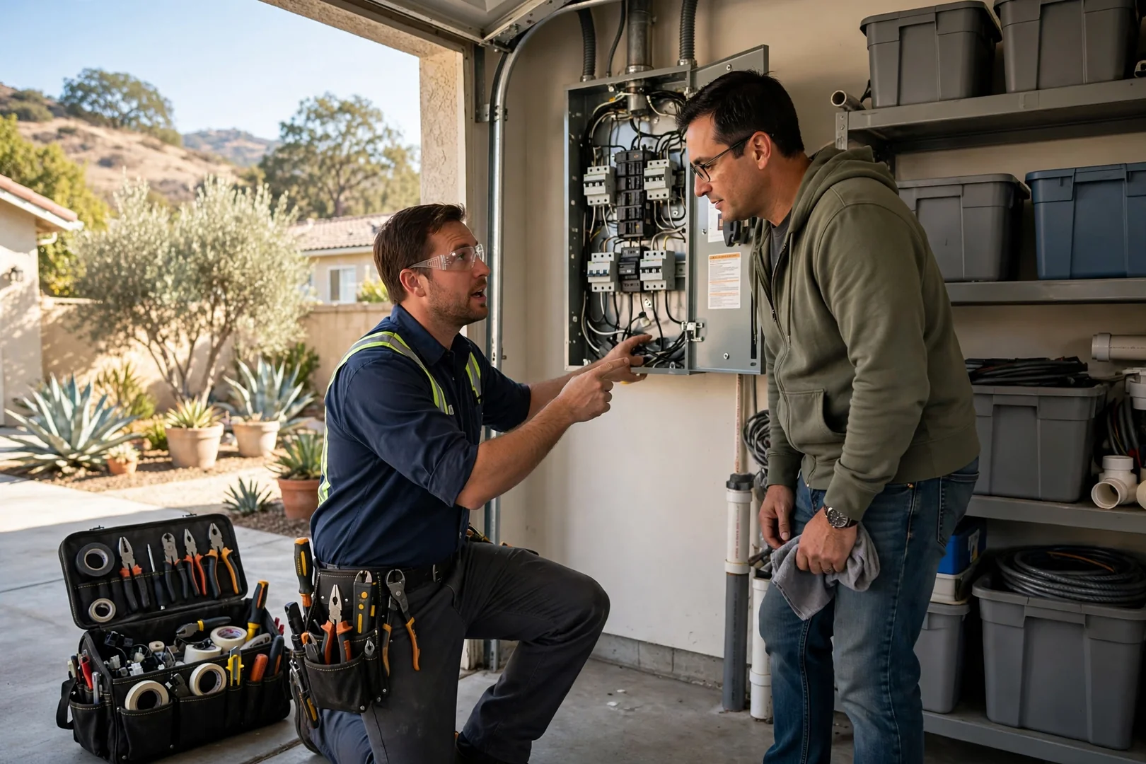 Electrician reviewing charger placement and panel capacity at a Santa Clara home driveway