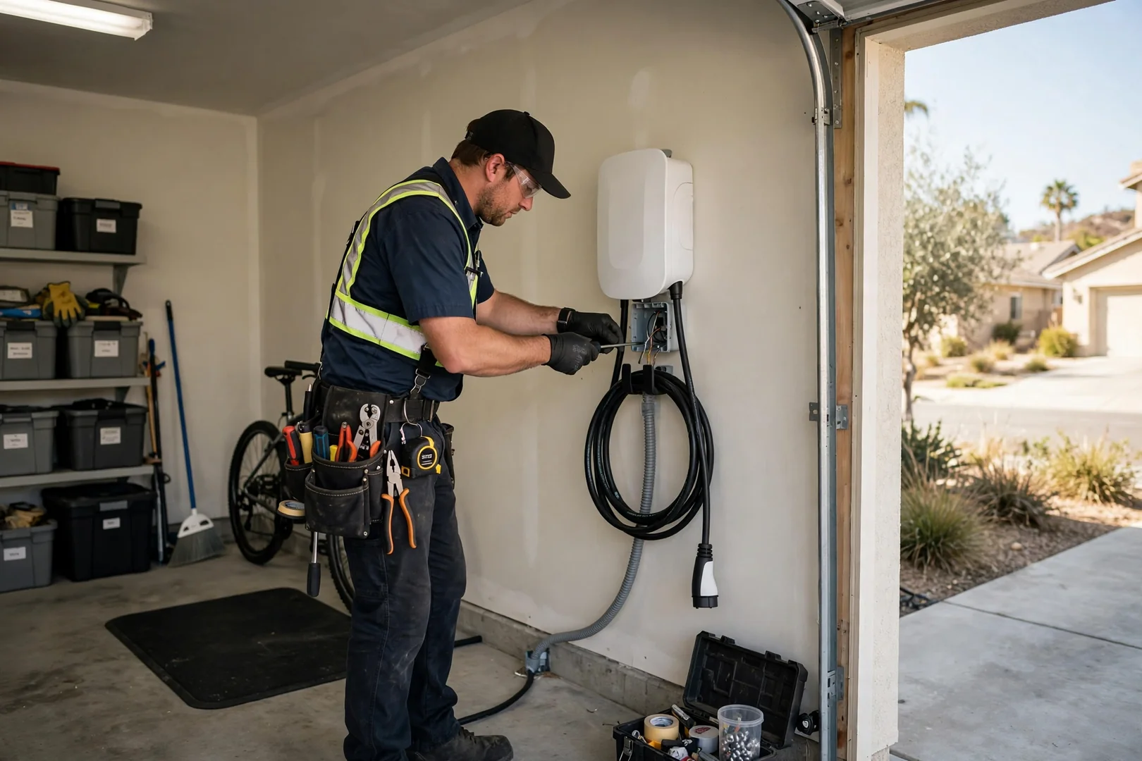 Wall-mounted Level 2 charger installed in a tidy single-car garage in Santa Clara