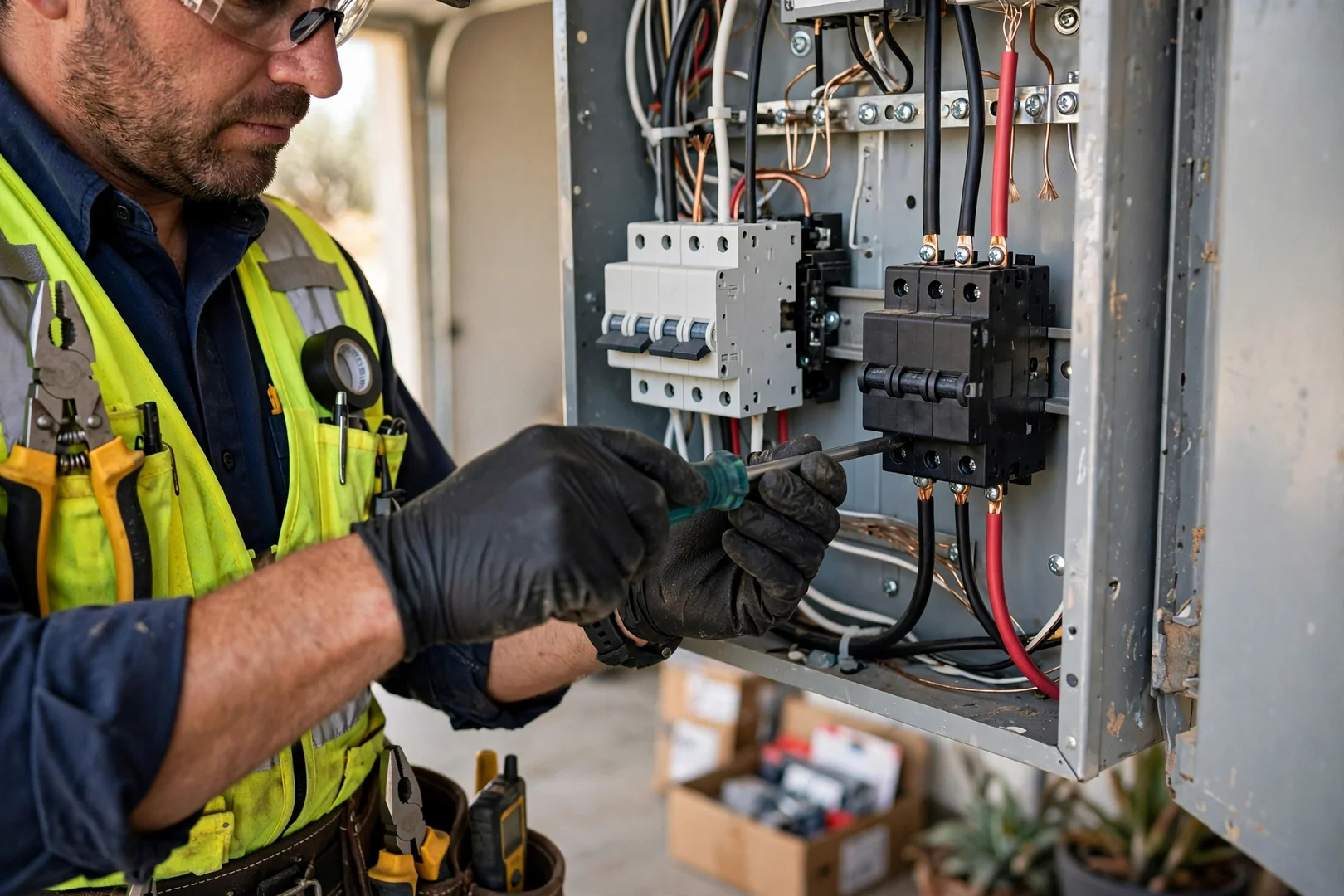 Close-up of new 240-volt breaker added to a residential electrical panel