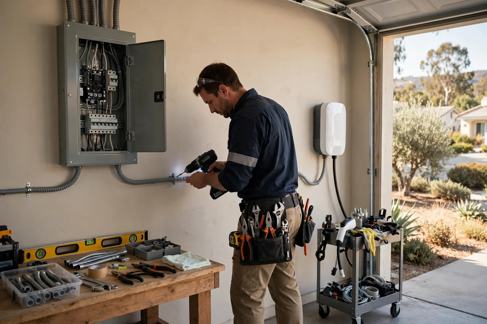 Conduit run along a garage wall connecting the panel to a charging unit