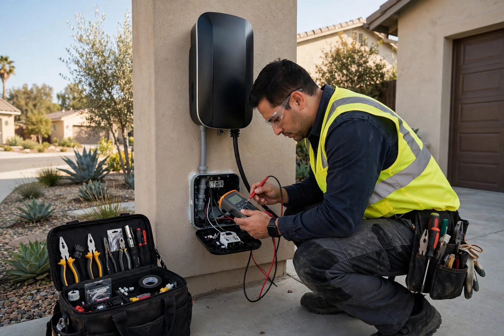 Electrician testing voltage and grounding on a freshly installed home charger