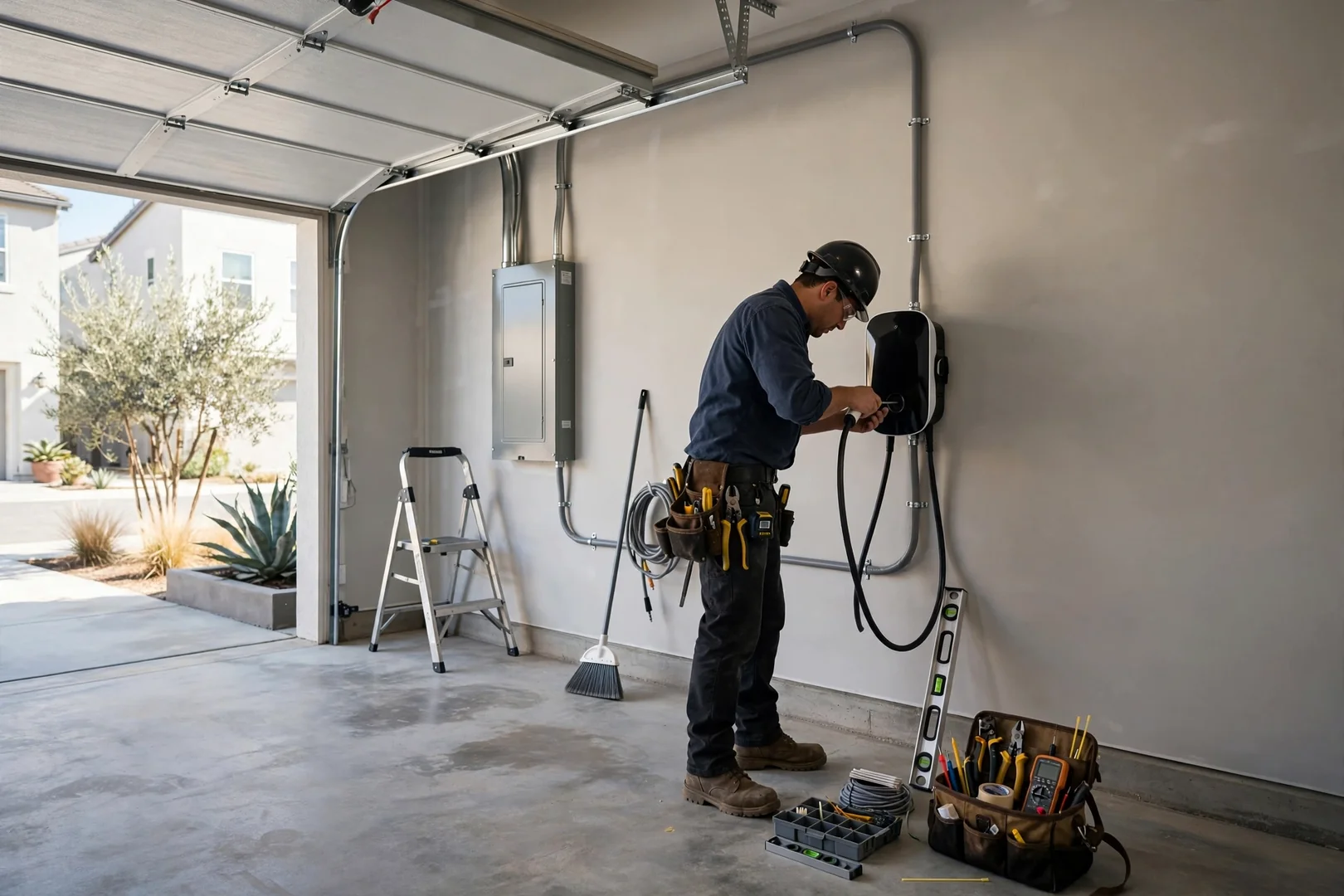 Wide shot of a finished charger installation in a modern townhouse garage