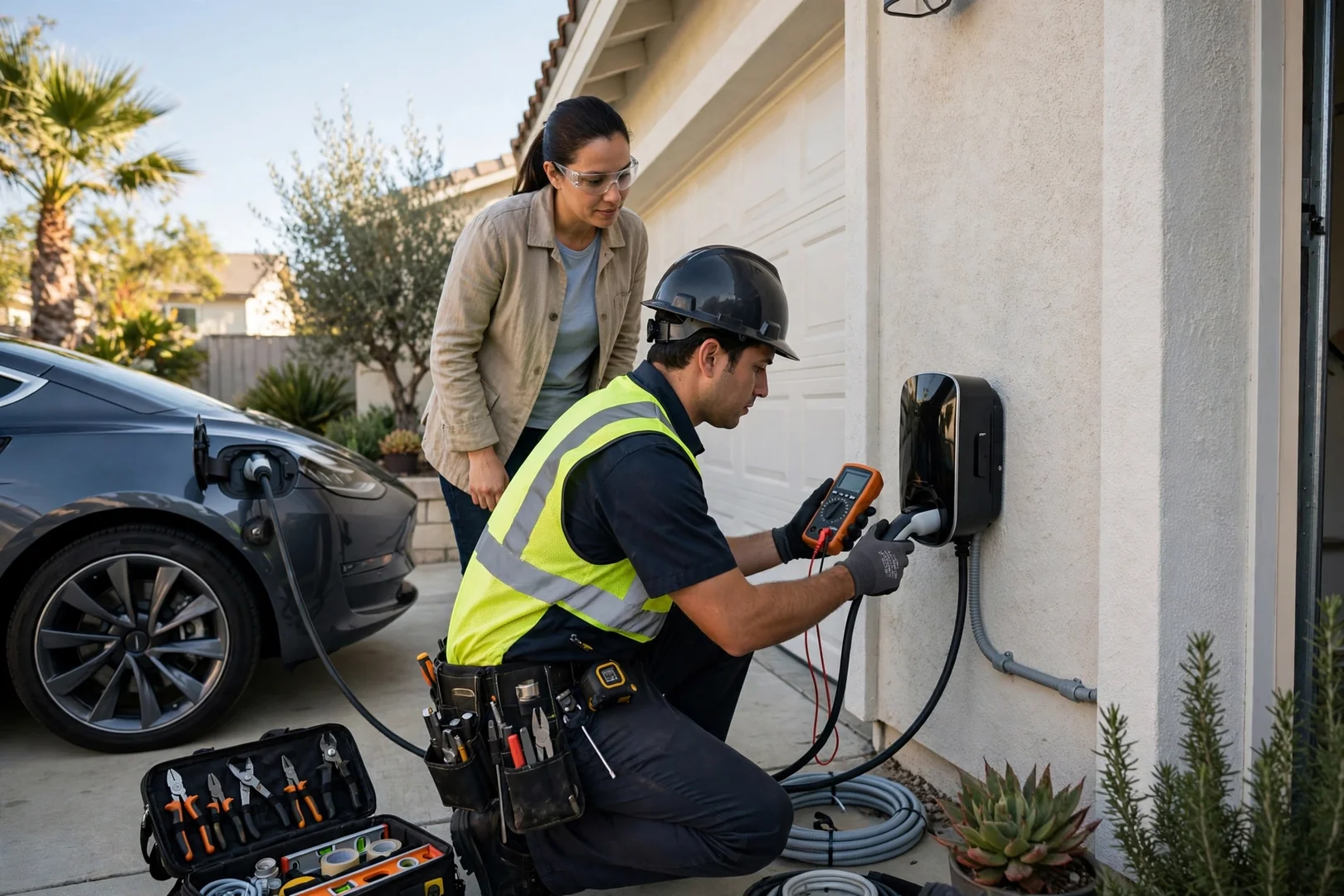 Electric vehicle plugged into a newly installed charger at a Santa Clara home