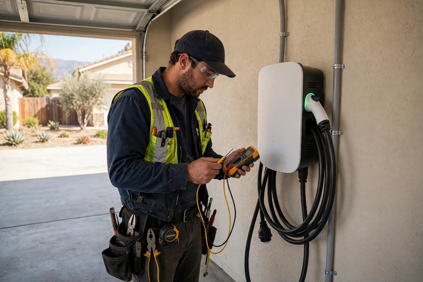 Completed Level 2 EV charger installed on a Santa Clara garage wall