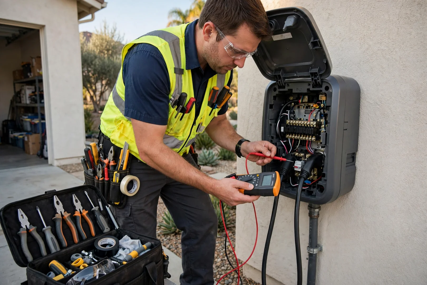 Technician testing an EV charging circuit after final connection