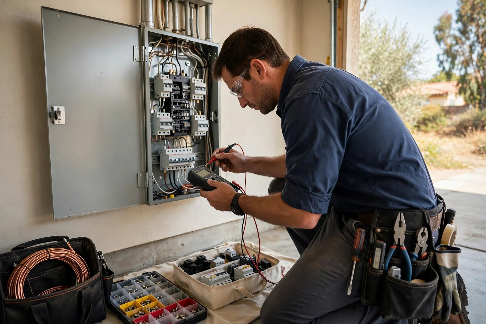 Technician reviewing whole-home standby generator options with a Santa Clara homeowner