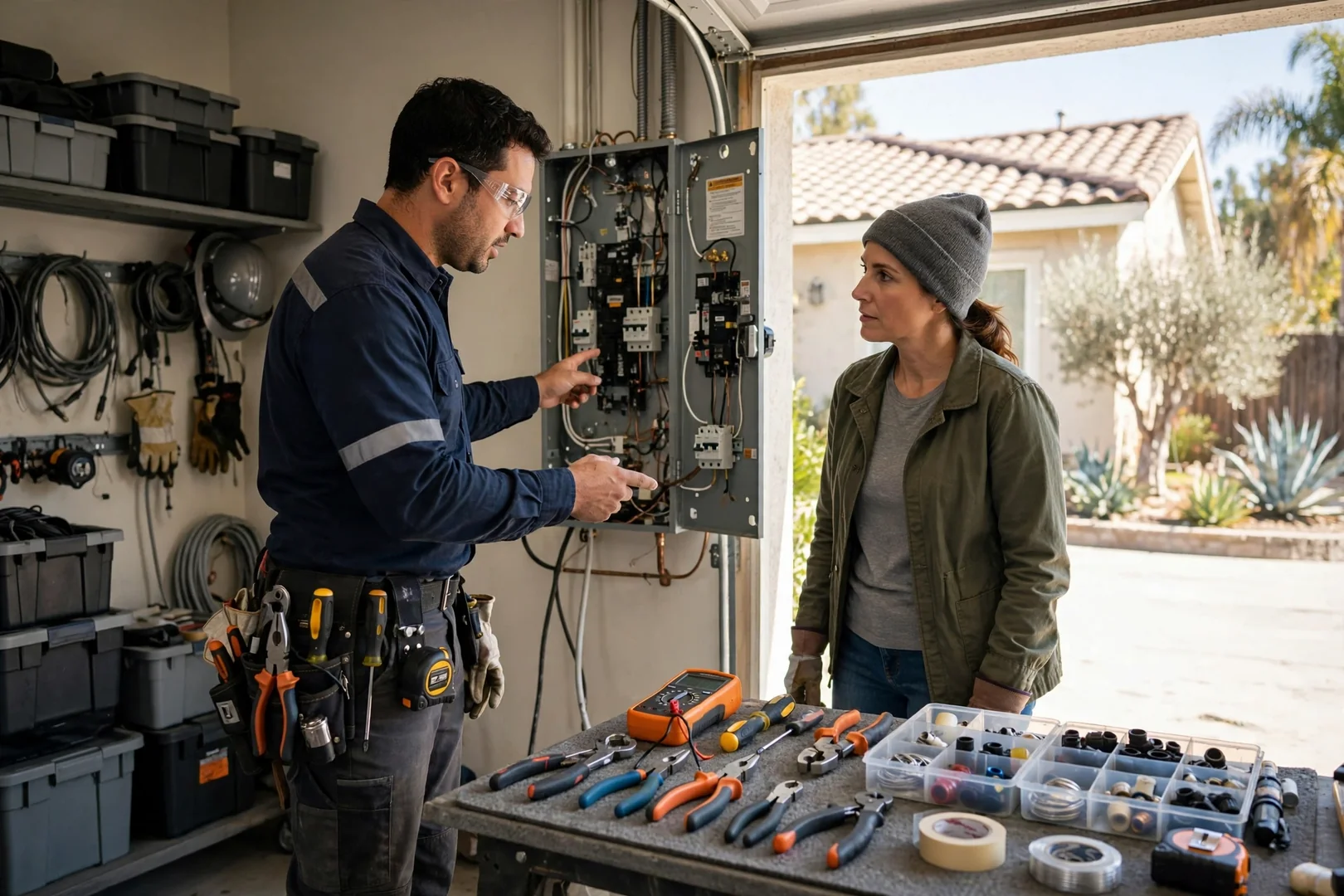 Electrician inspecting a standby generator beside a Santa Clara home during setup