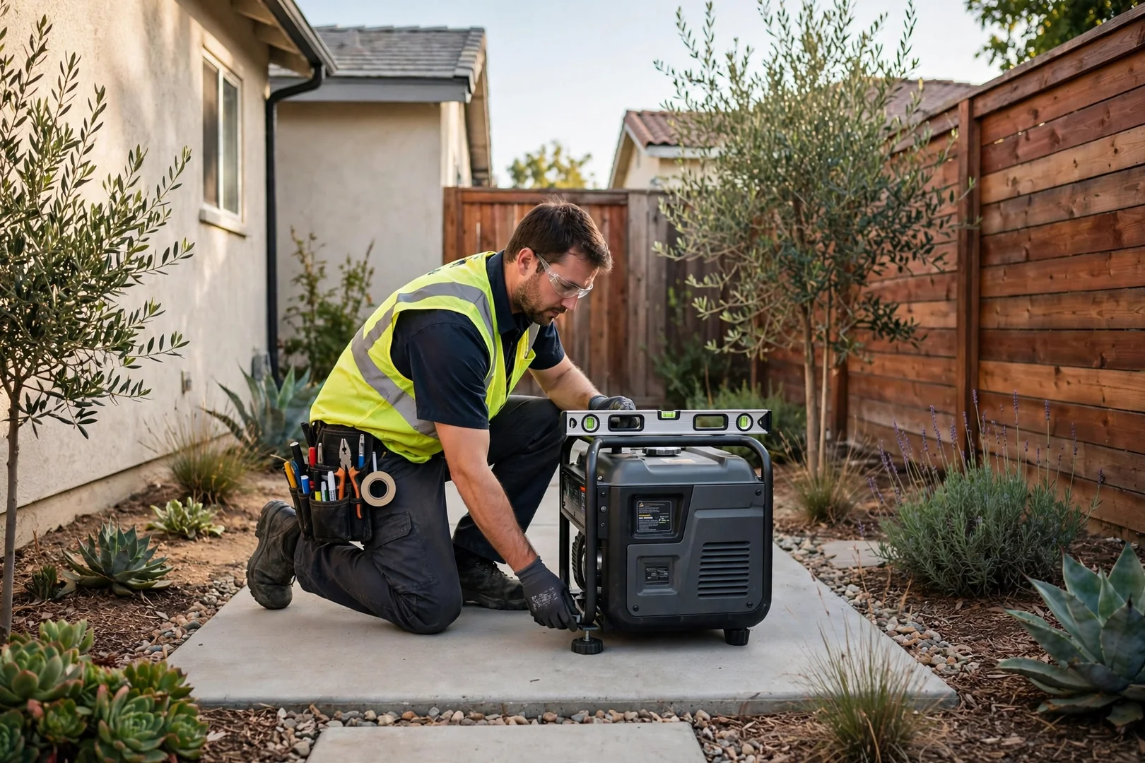 Technician setting a generator on a leveled concrete pad in a side yard