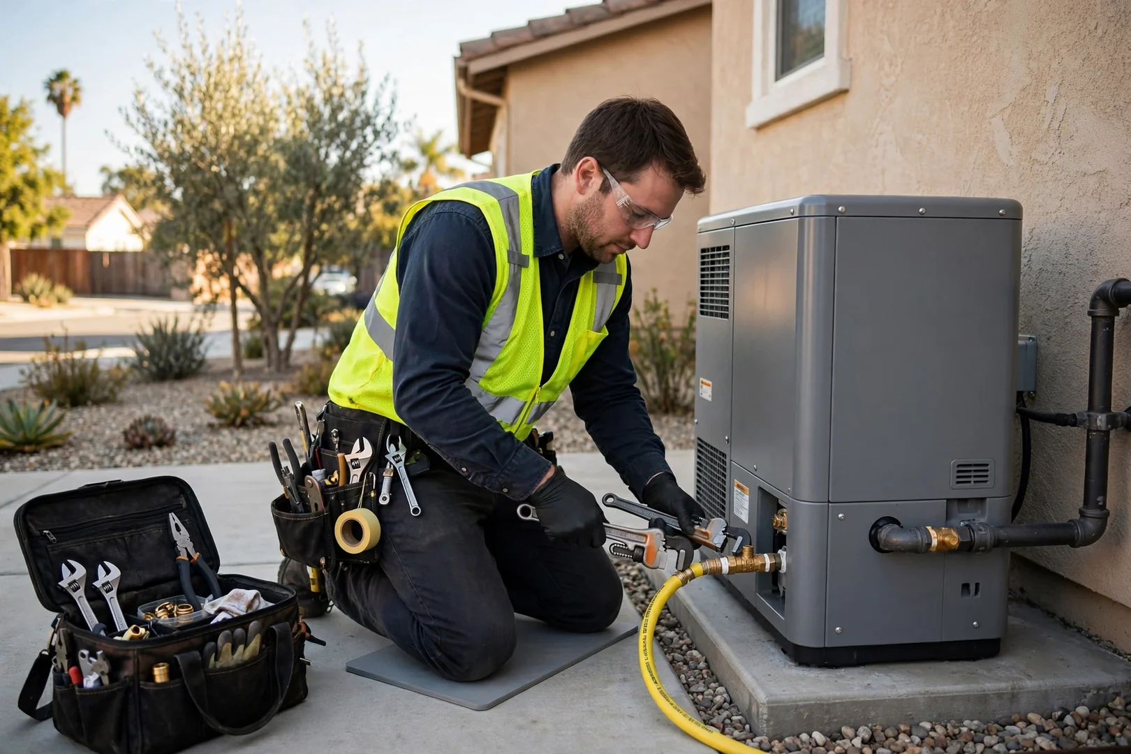 Natural gas line connection feeding a residential standby generator unit