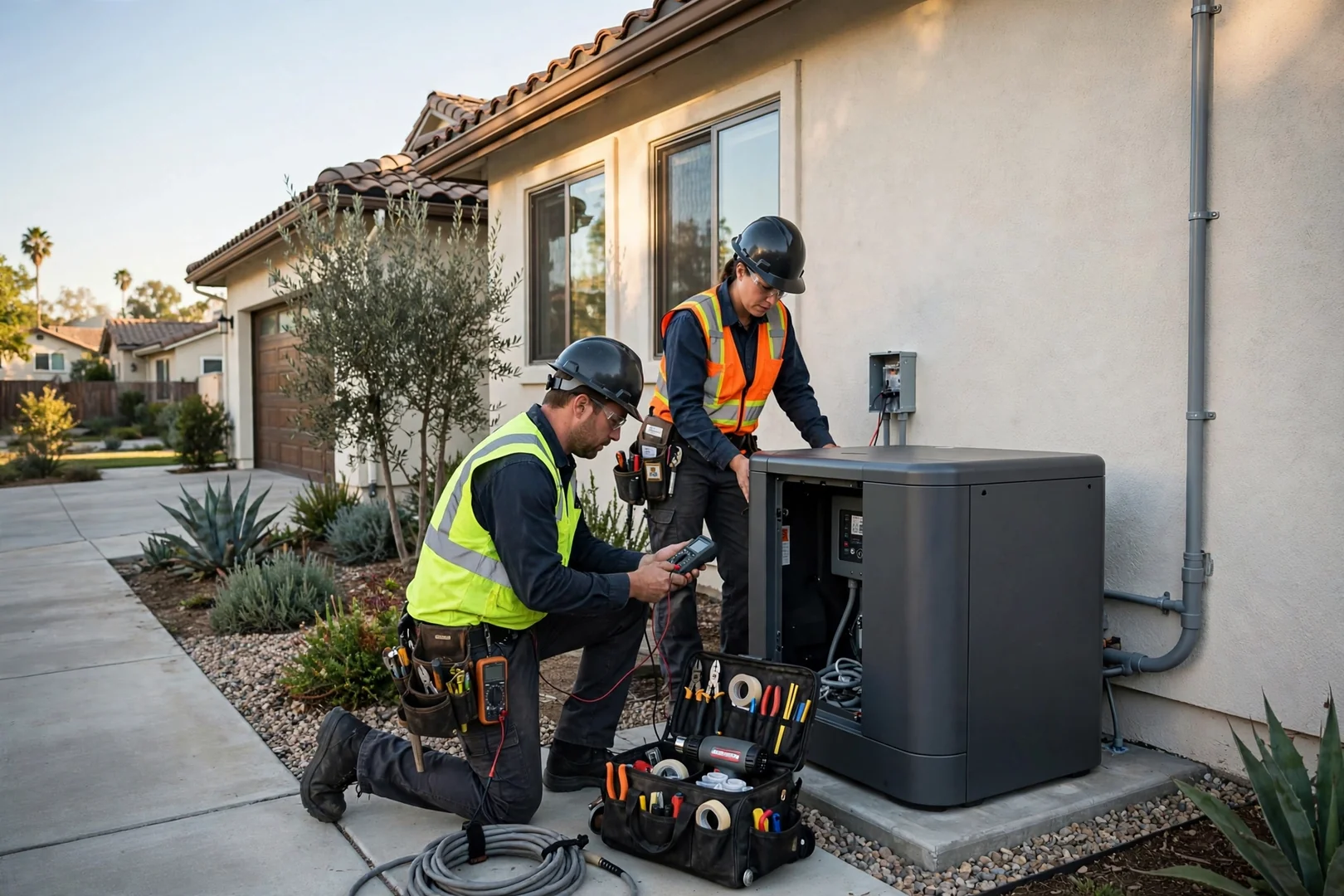 Wide shot of a finished generator installation beside a Santa Clara home exterior