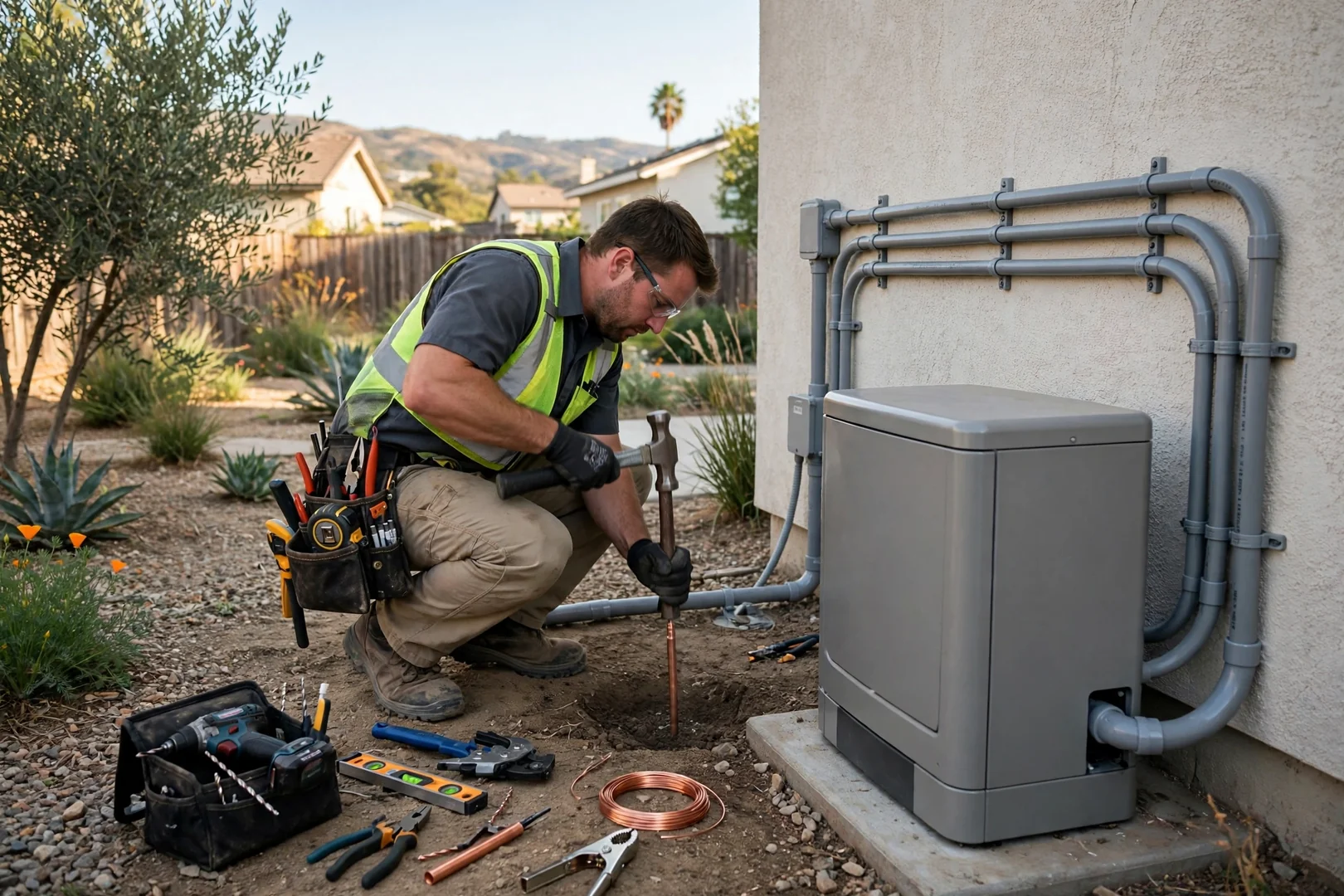 Grounding rod and conduit routing for a newly installed home generator