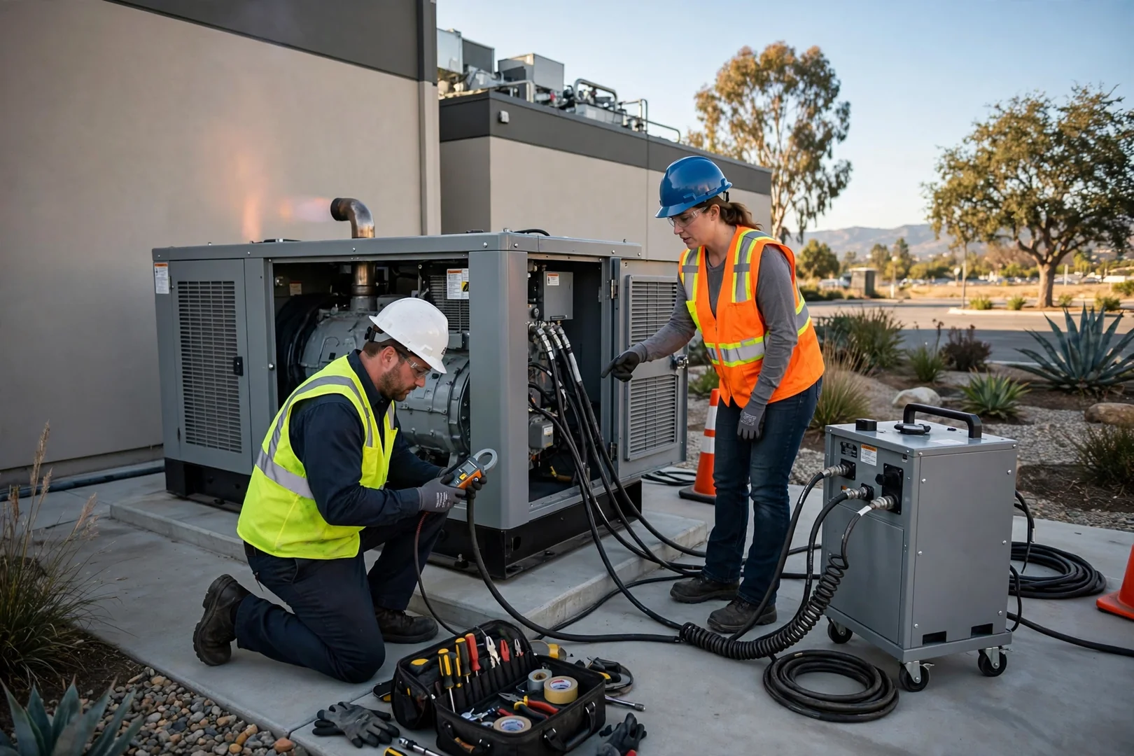 Load test in progress on a running standby generator during commissioning