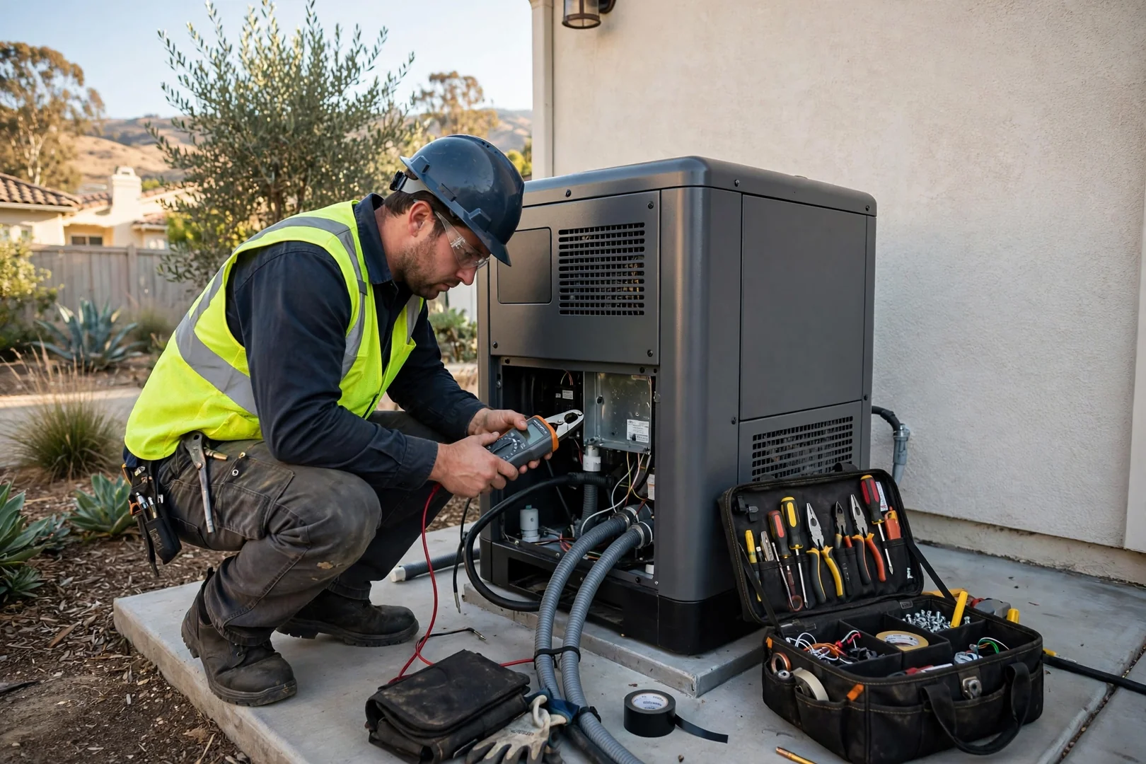 Technician testing a newly installed generator during final commissioning