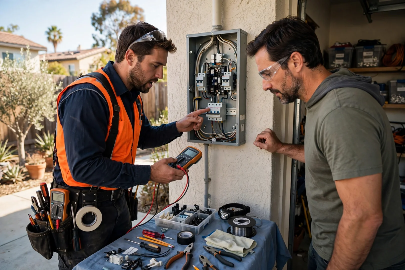 Electrician reviewing house rewiring plans with a homeowner in a Santa Clara home