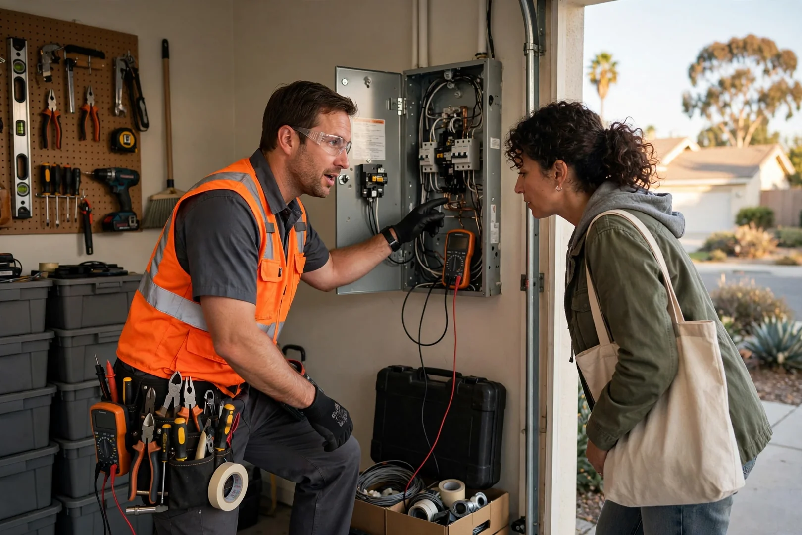 Electrician installing new copper wiring behind an open wall in a Santa Clara home
