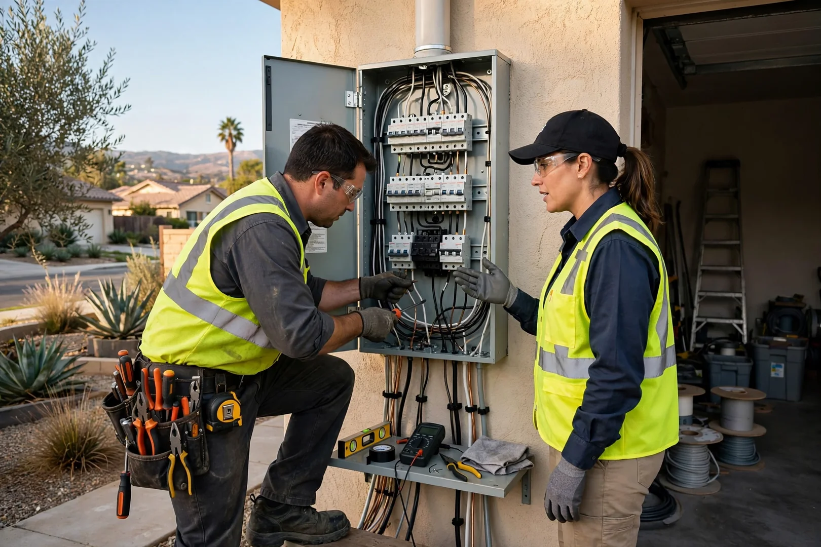 Wide shot of an updated electrical panel after full house rewiring in Santa Clara
