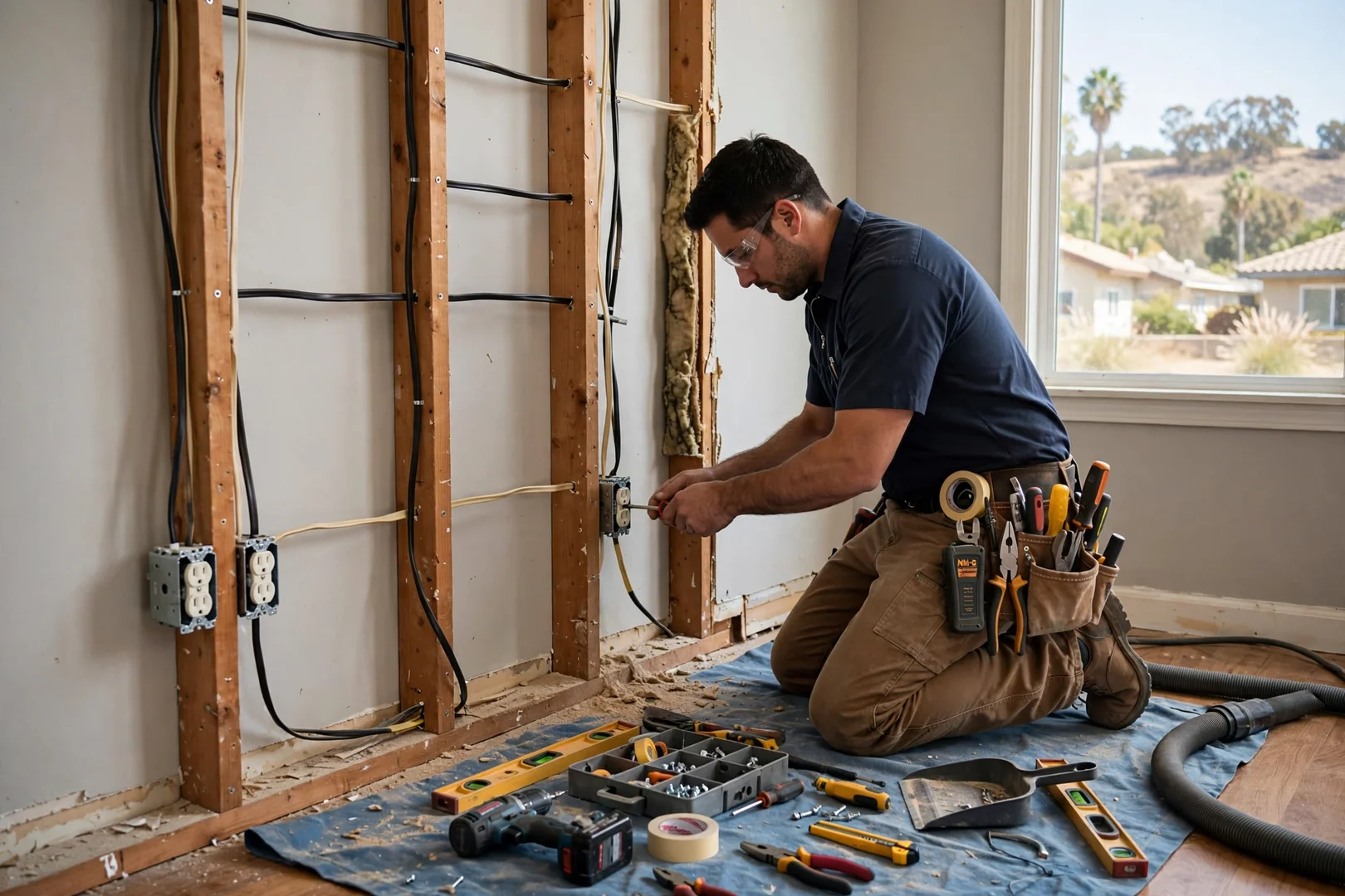 Electrician installing grounded outlet boxes along a rewired living room wall