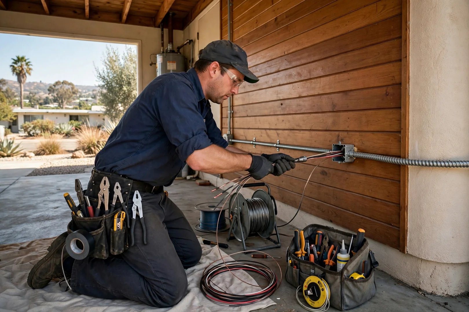 Technician pulling new conductors through conduit in a mid-century Santa Clara home