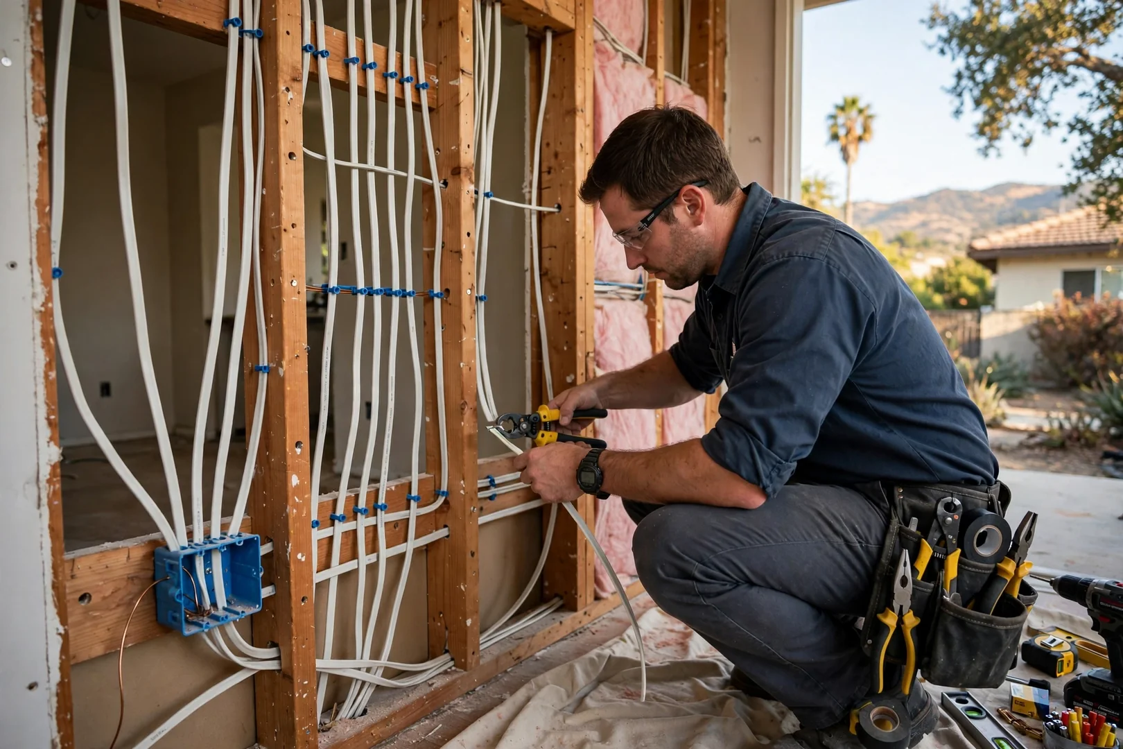 New wiring runs neatly organized inside an open wall cavity in Santa Clara