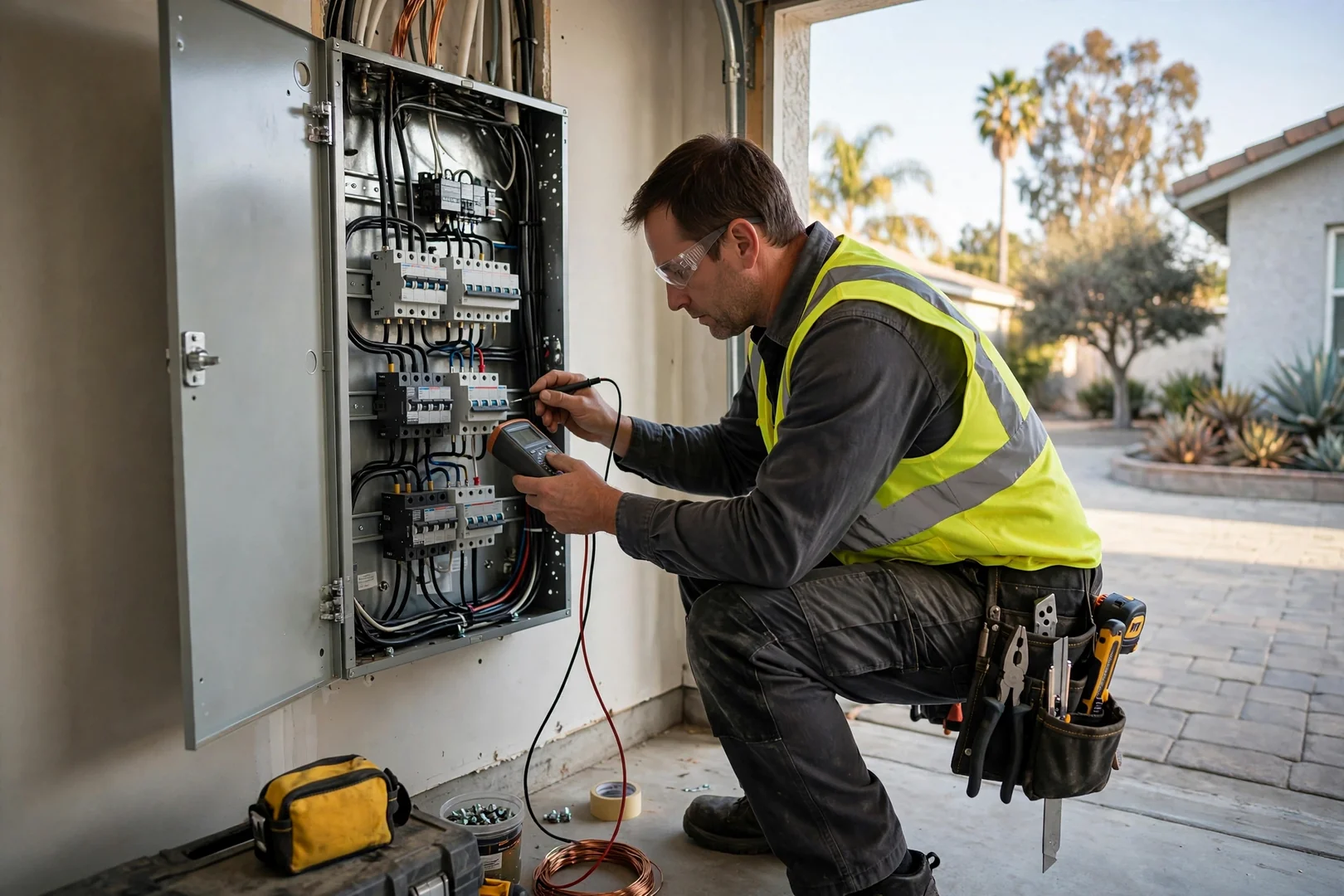 Electrician testing a service panel after completing a house rewiring project
