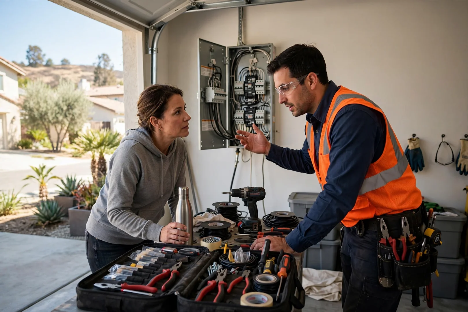 Electrician planning recessed lighting layout in a Santa Clara living room ceiling
