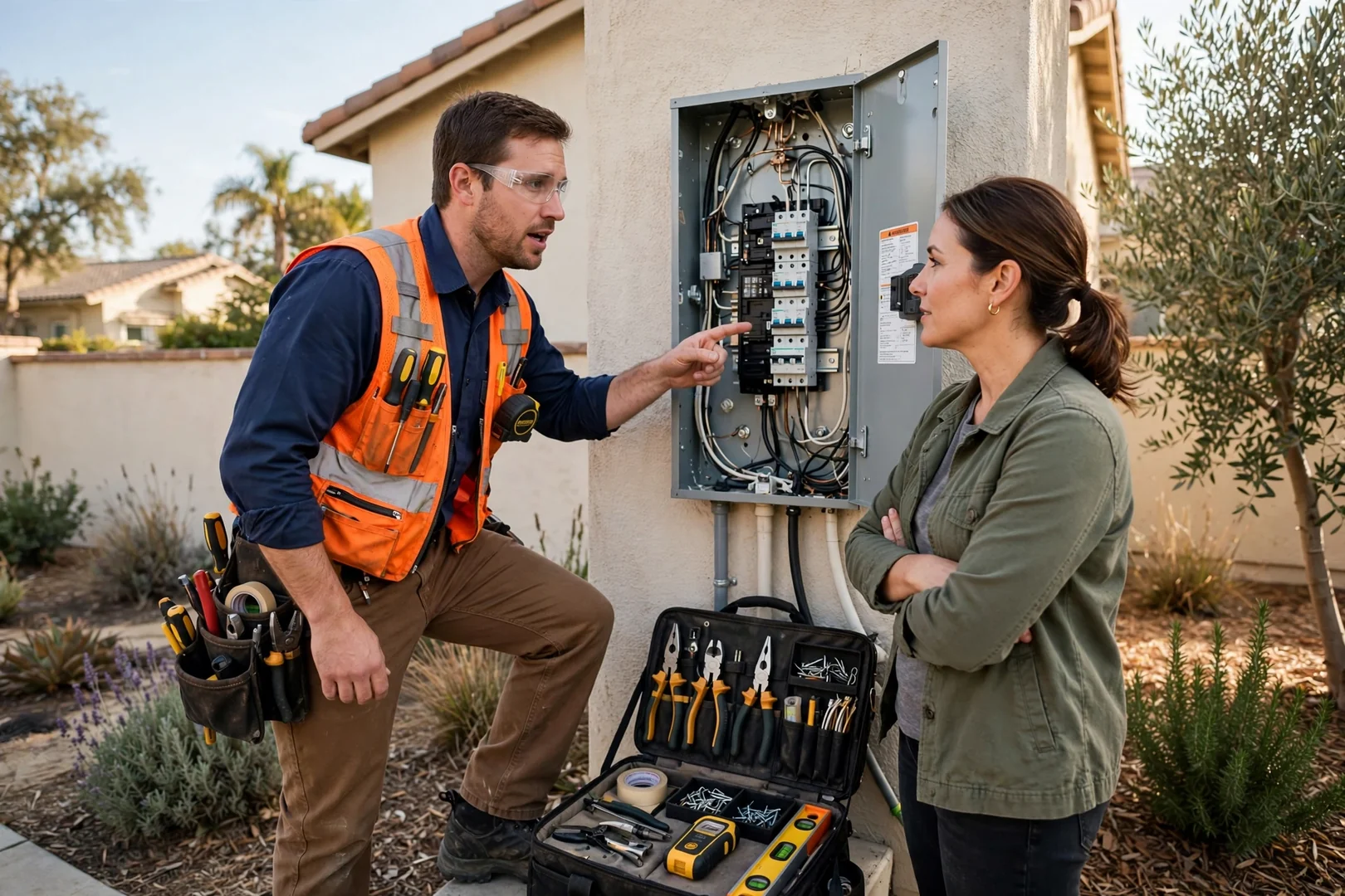 Electrician planning recessed lighting layout in a bright Santa Clara living room