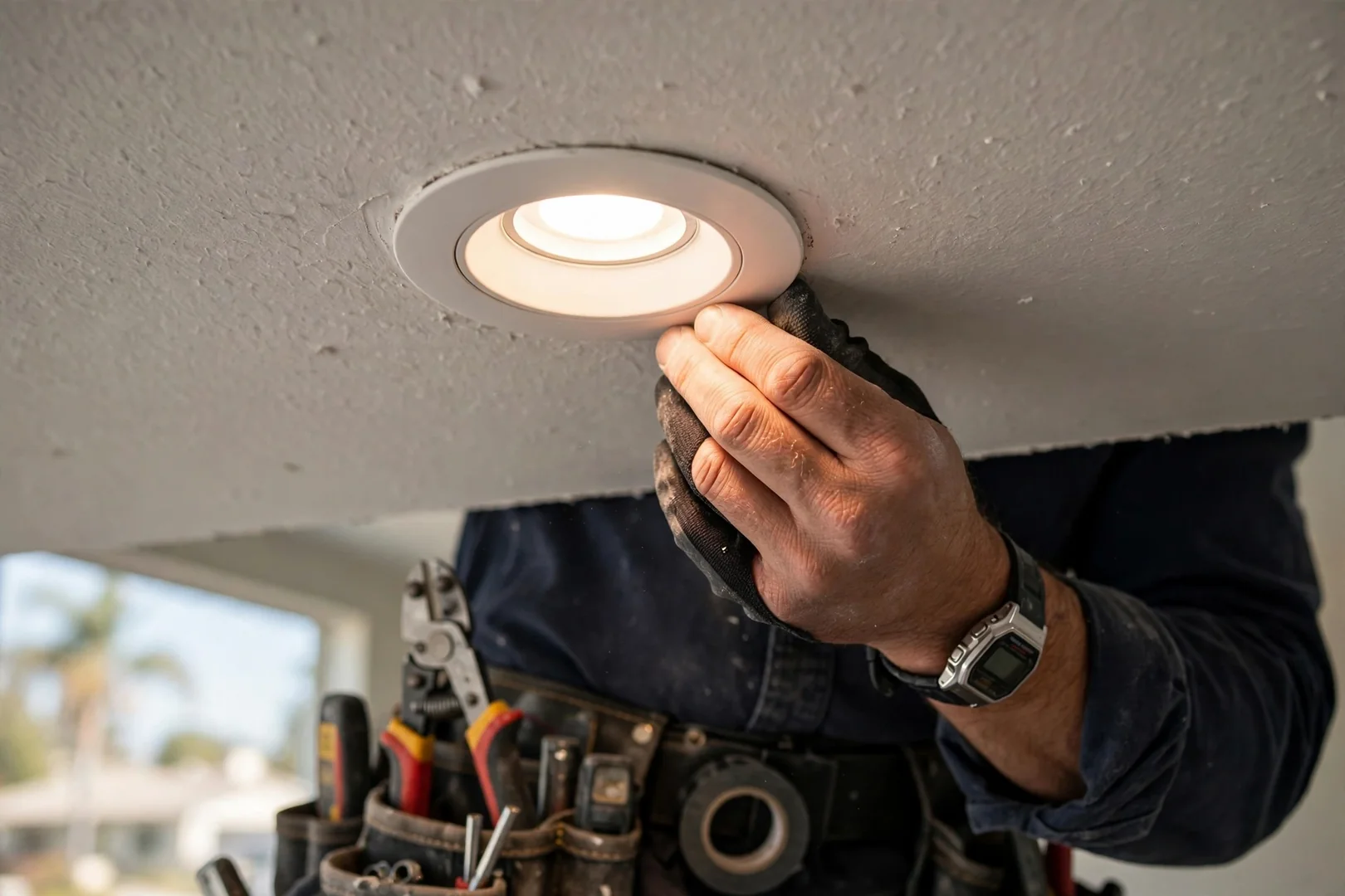 Close-up of newly installed recessed LED light seated flush in a ceiling