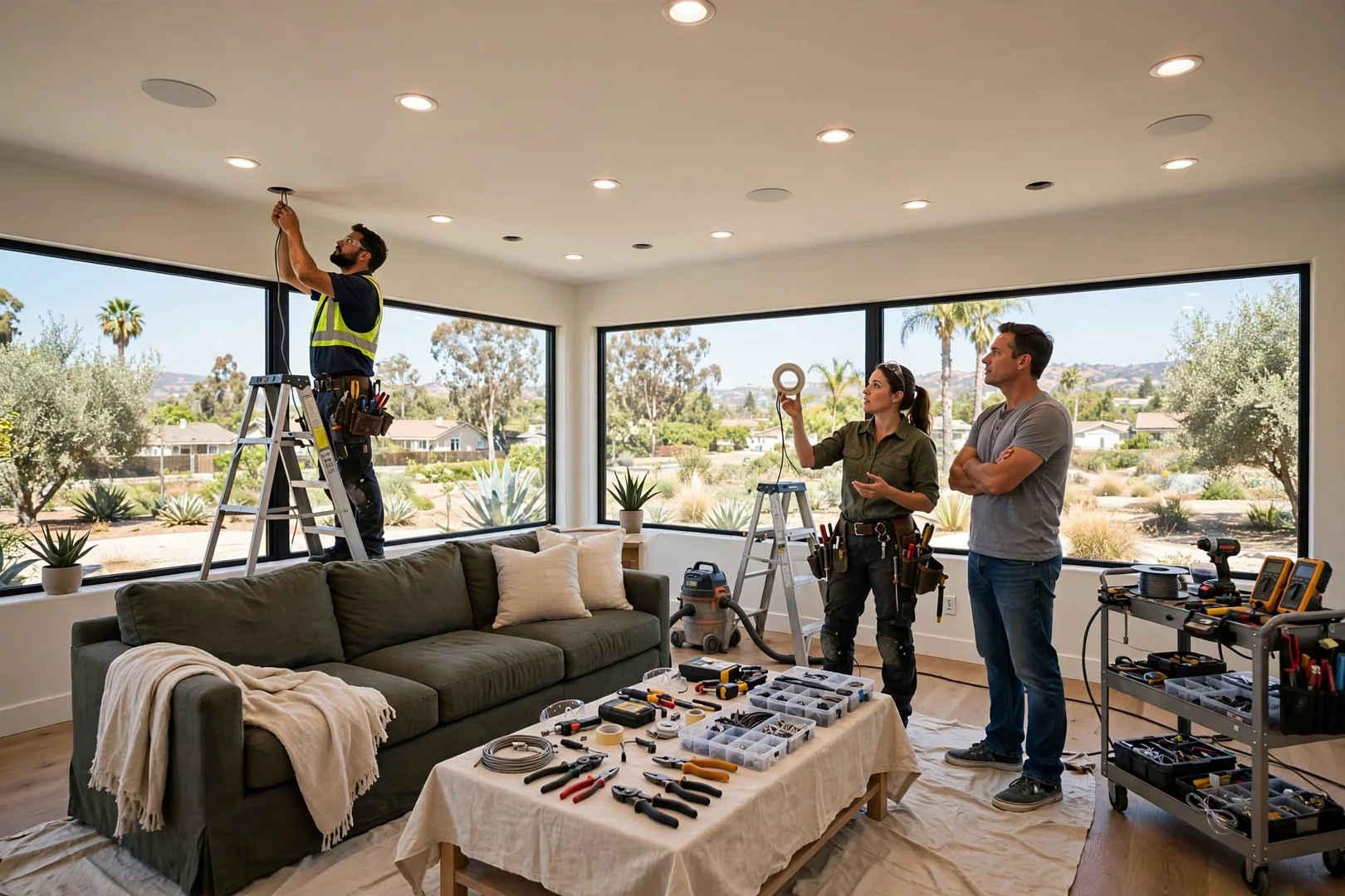 Wide view of a Santa Clara living room with even recessed lighting layout