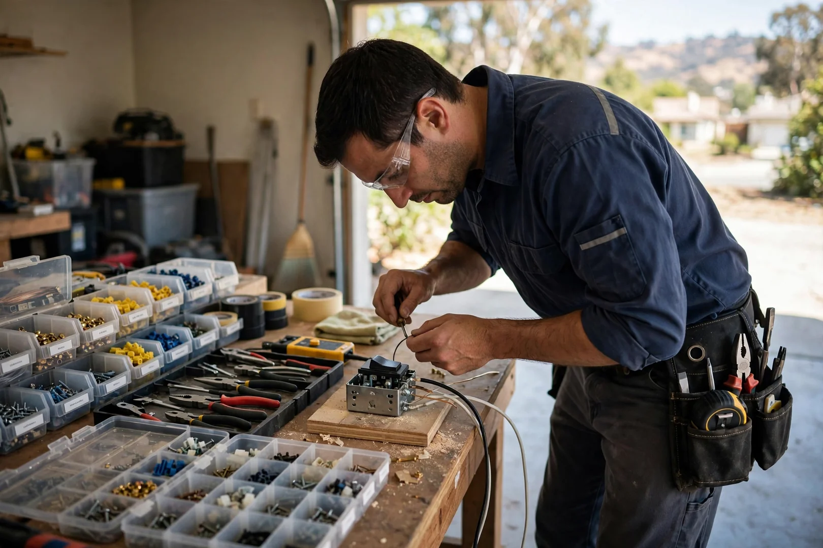 Electrician wiring a dimmer switch with organized tools on a workbench