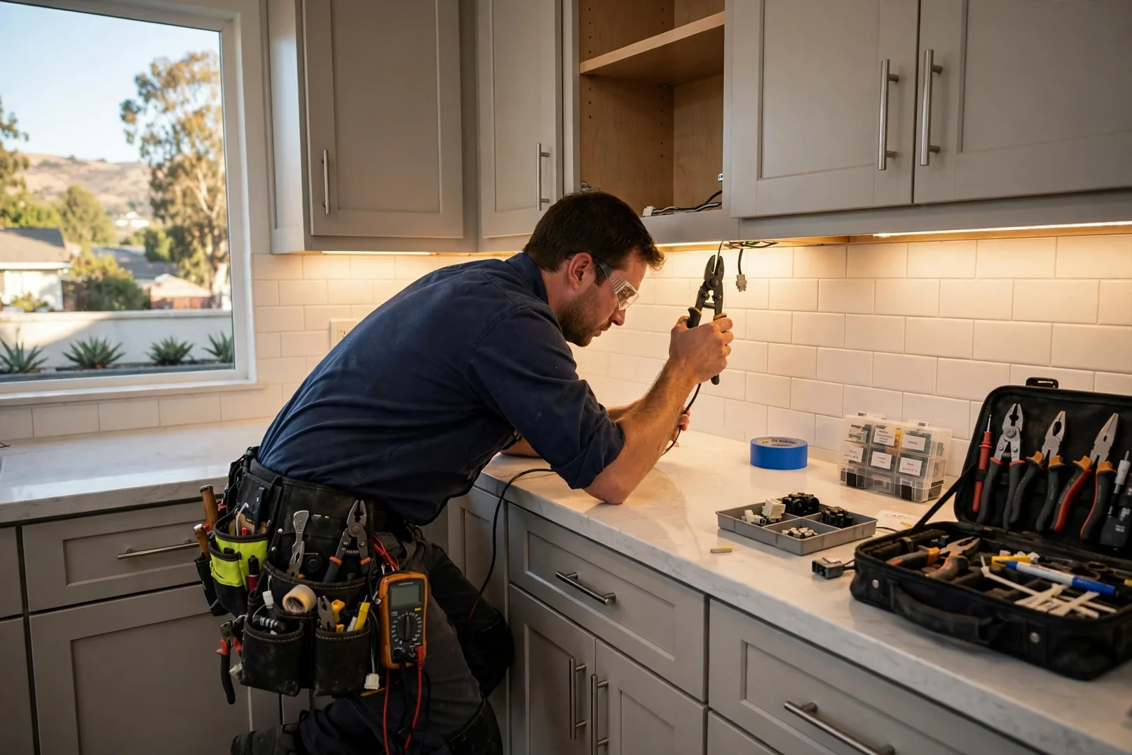 Finished kitchen with under-cabinet lighting glowing over clean countertops