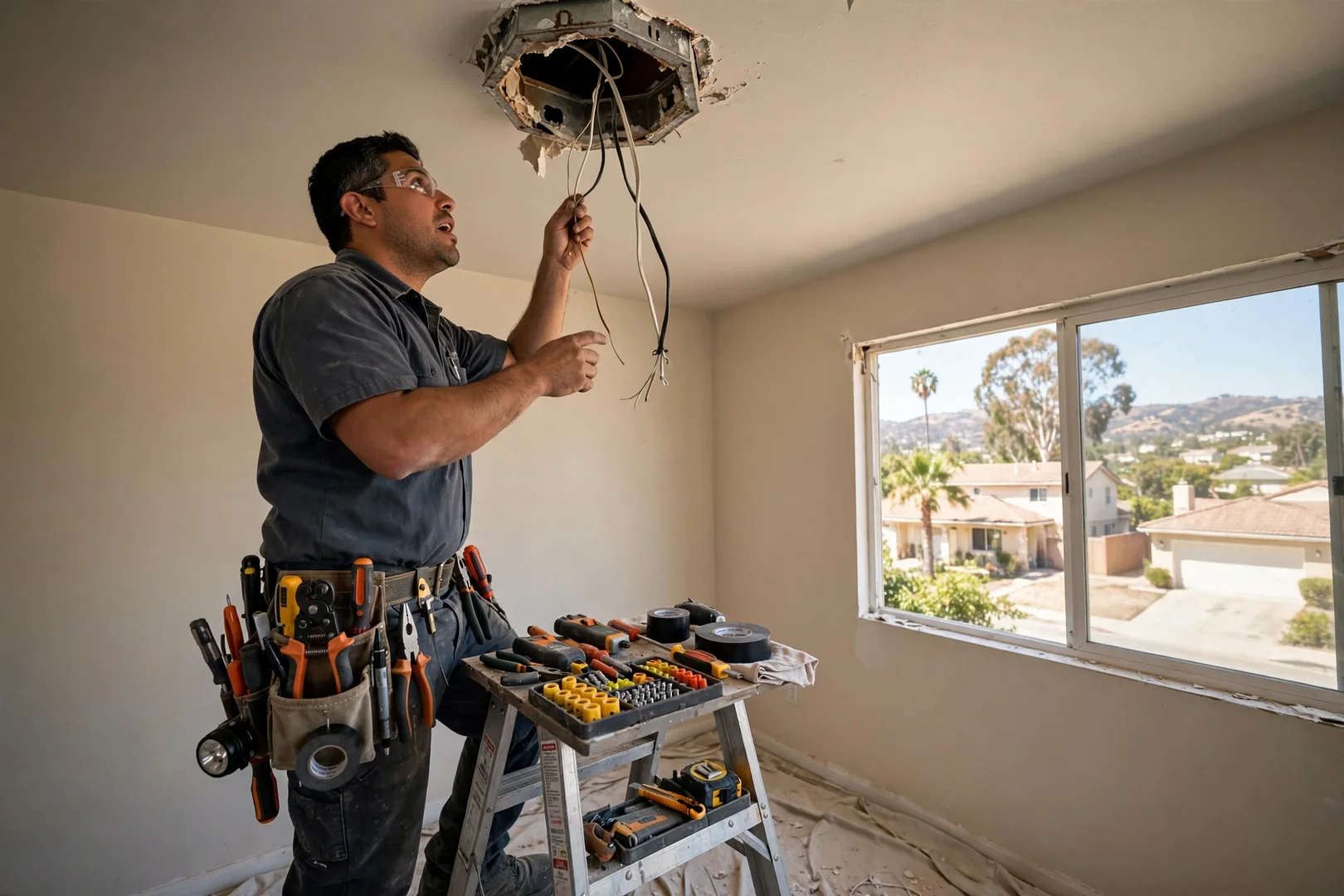 Older ceiling fixture box exposed before new pendant lighting installation begins