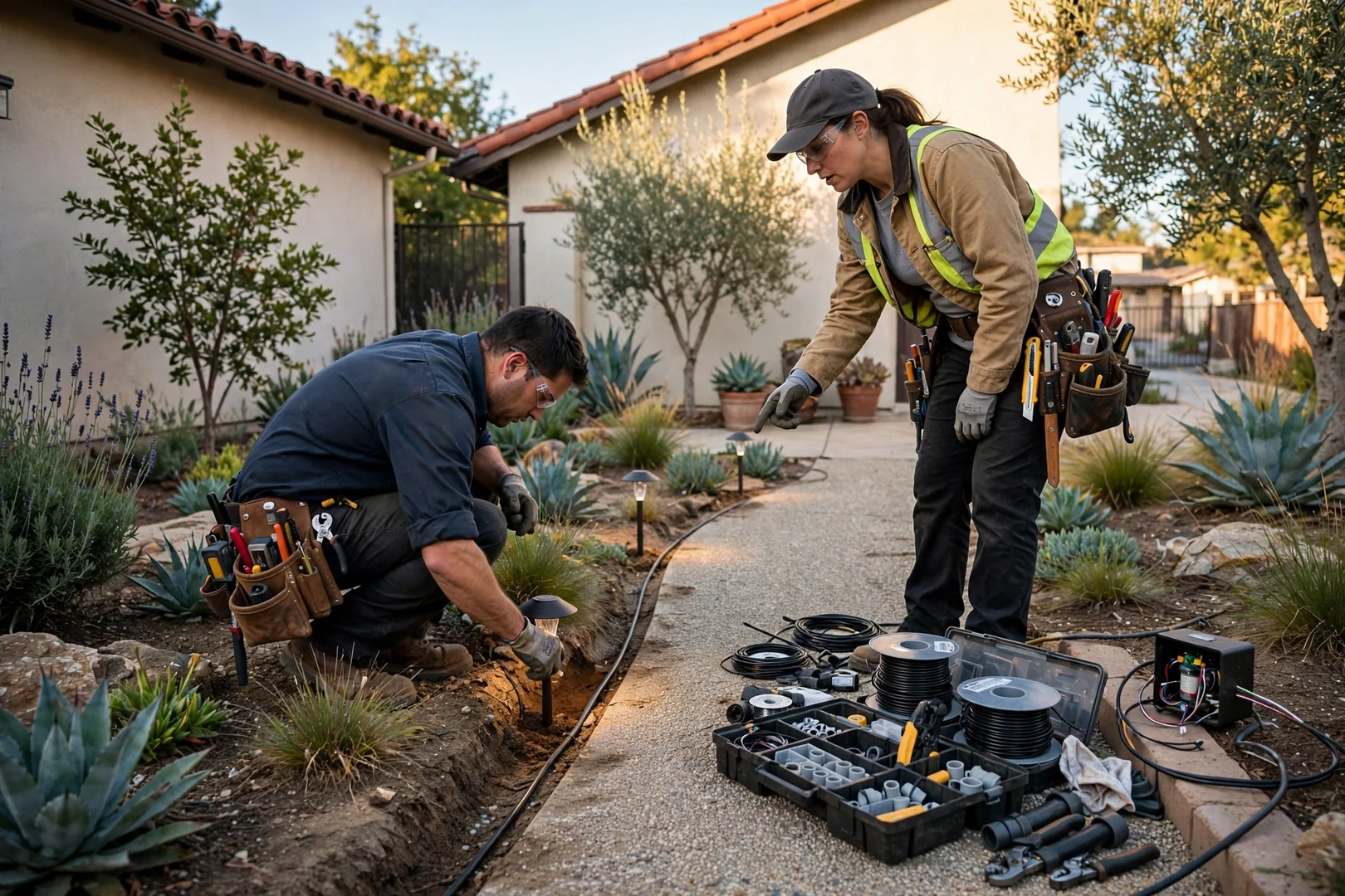 Outdoor pathway lighting installed along a landscaped Santa Clara home walkway