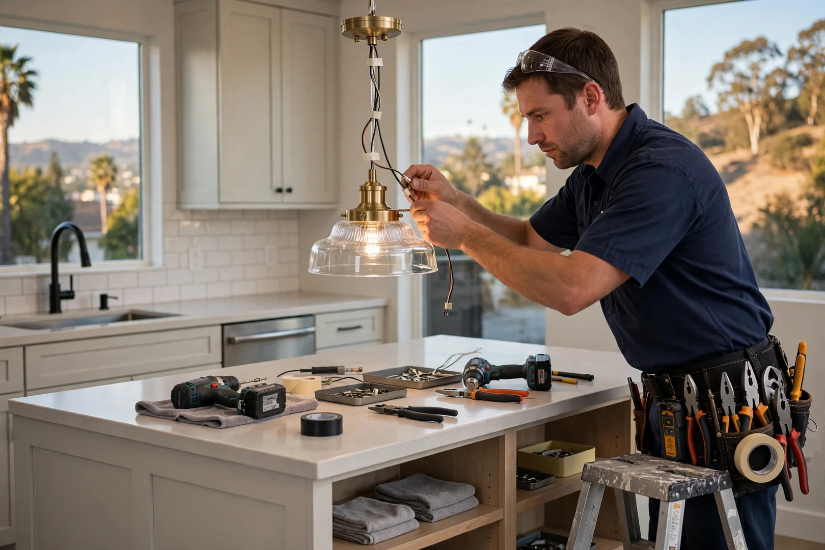 Detailed pendant light mounted above a kitchen island with secure connections