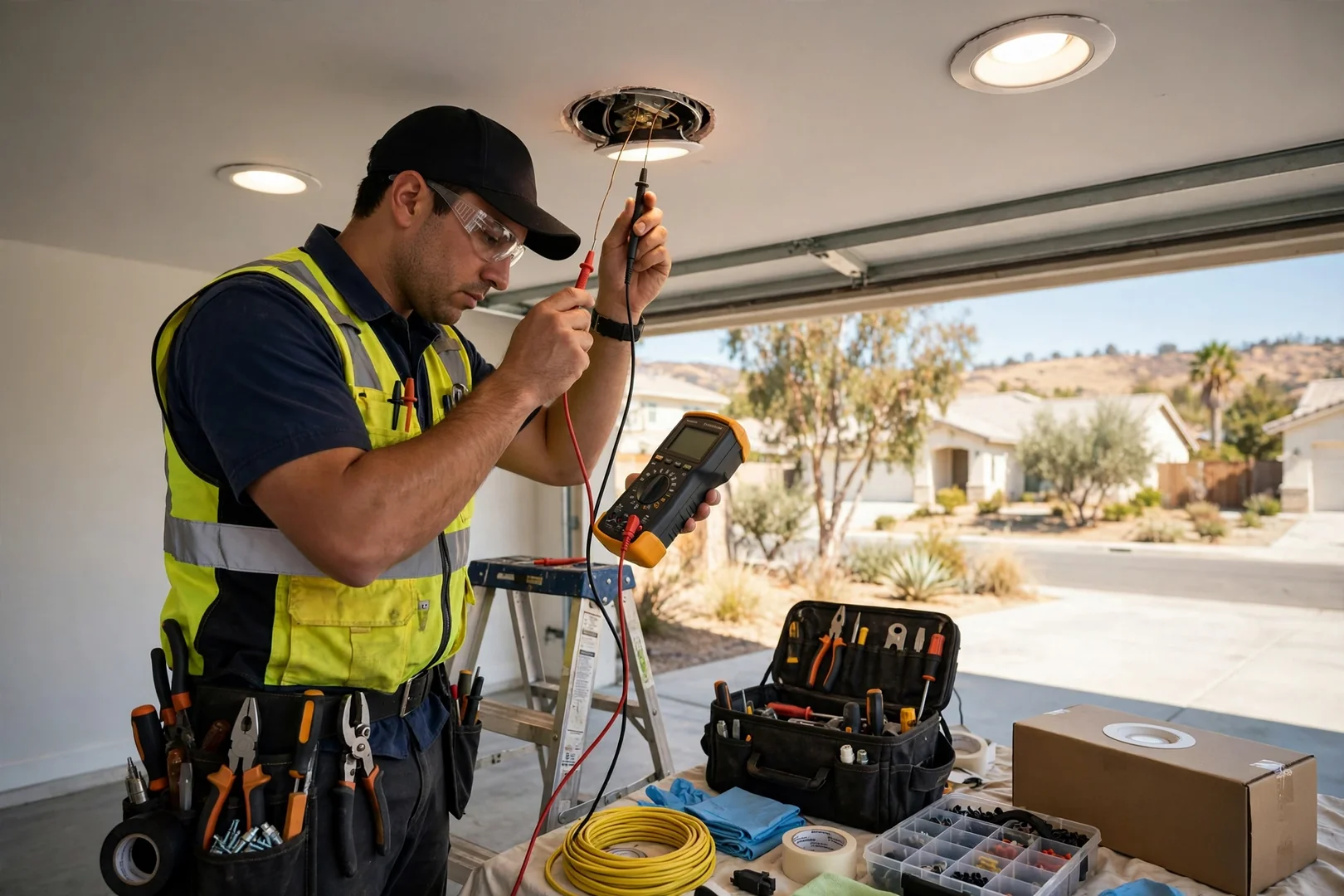 Technician testing circuit continuity on newly installed lighting fixtures