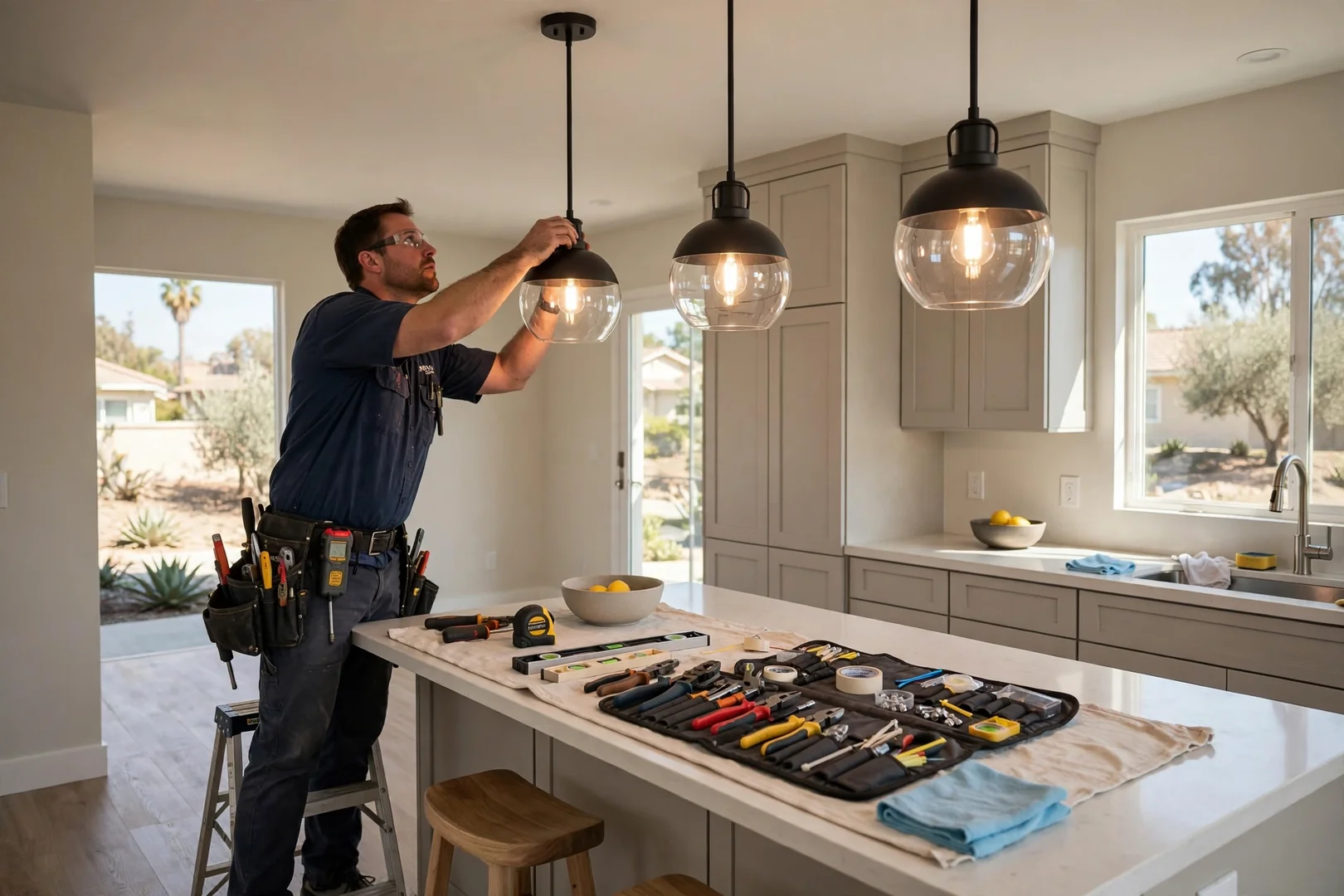 Newly installed pendant lighting over a kitchen island in a Santa Clara home