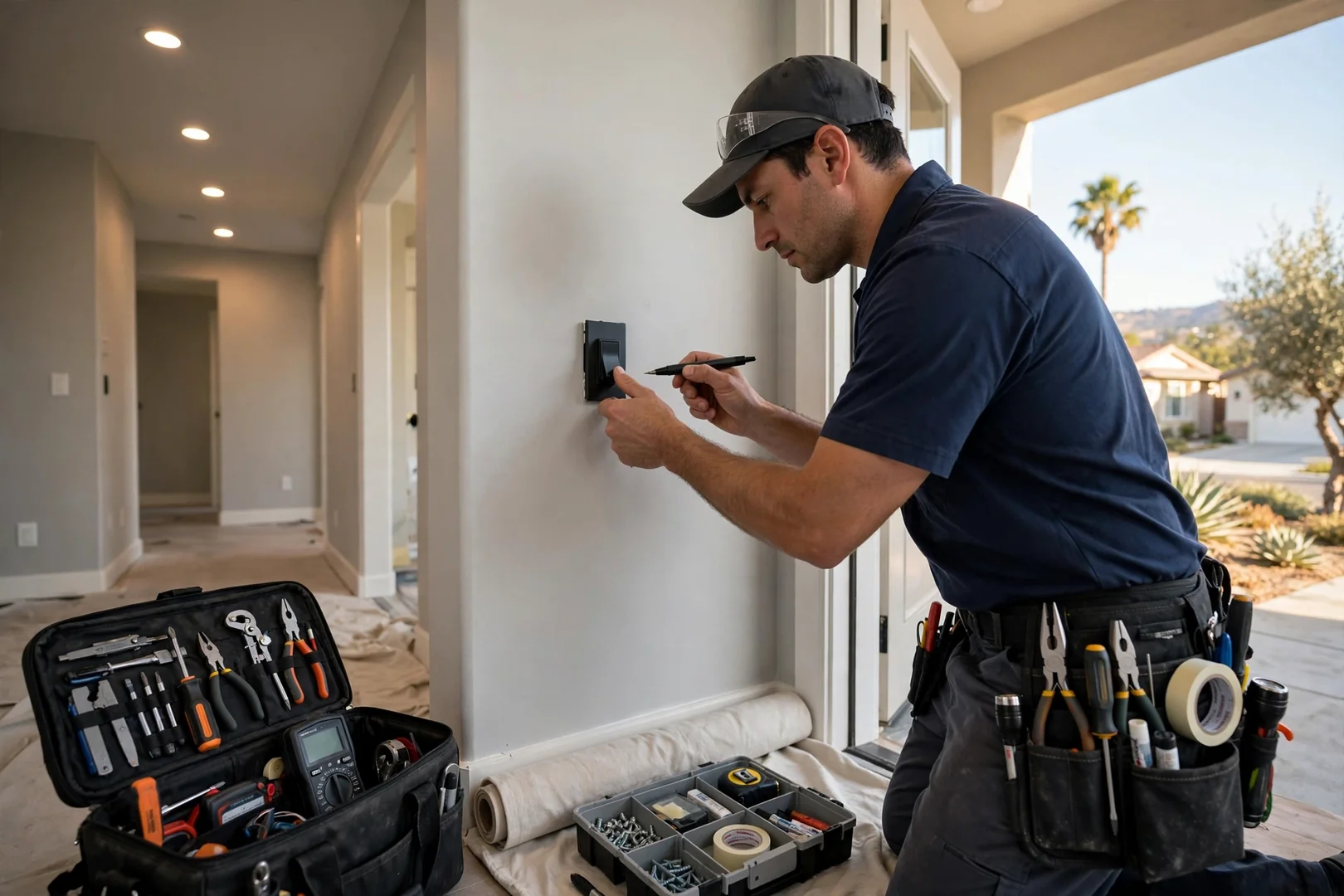 Technician testing dimmer switch after completing a lighting installation project