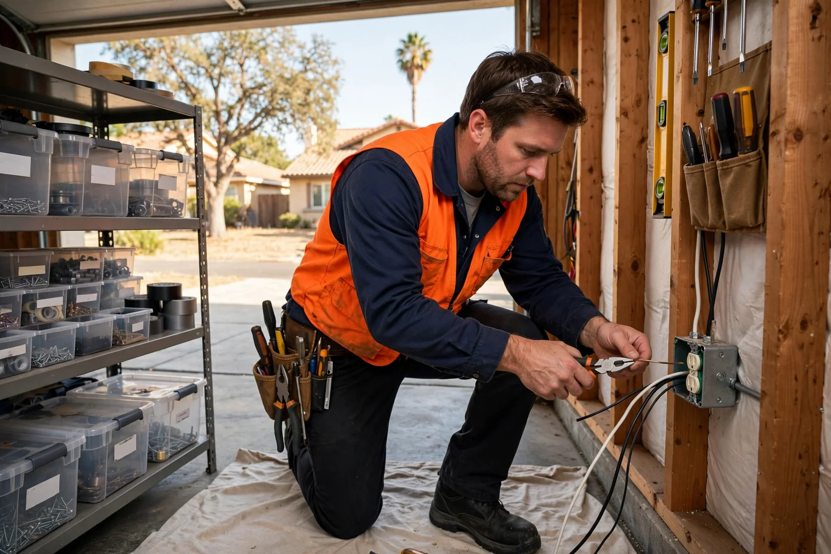 Electrician wiring a dedicated 20-amp circuit outlet in a Santa Clara garage