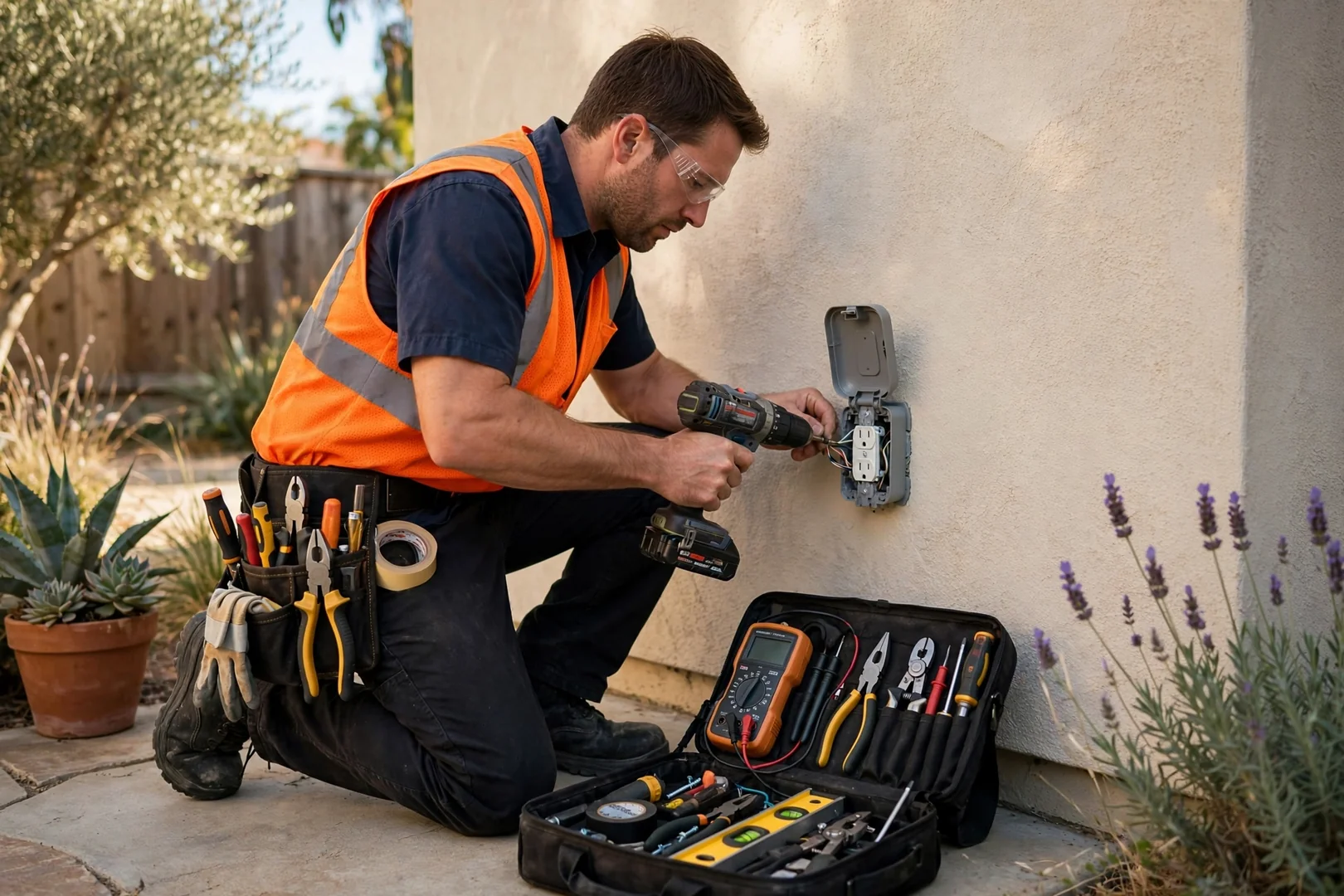 Weather-resistant exterior outlet mounted on a stucco patio wall