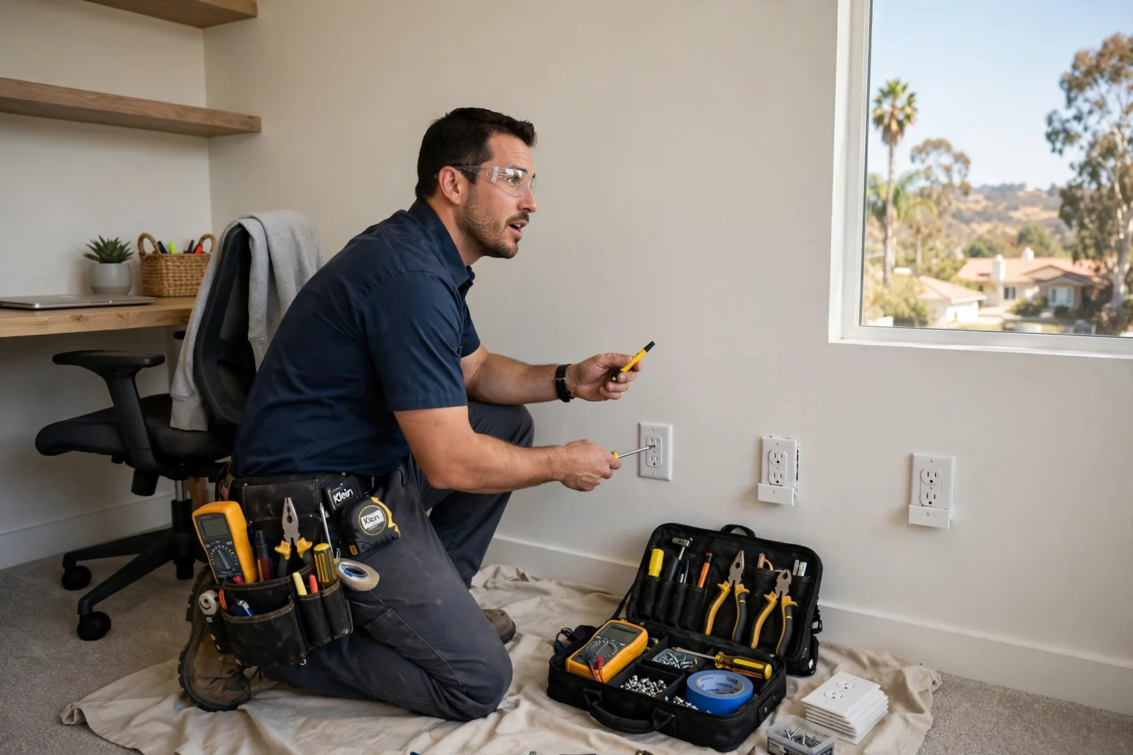 Wide shot of a home office wall with several updated receptacles