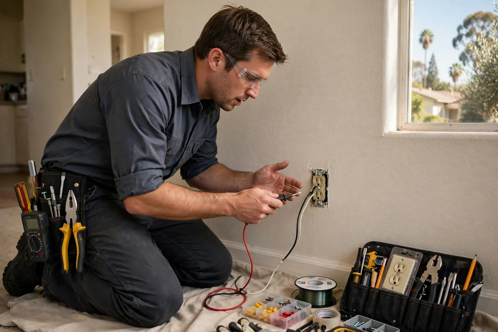 Before context of an outdated two-prong outlet awaiting grounded replacement