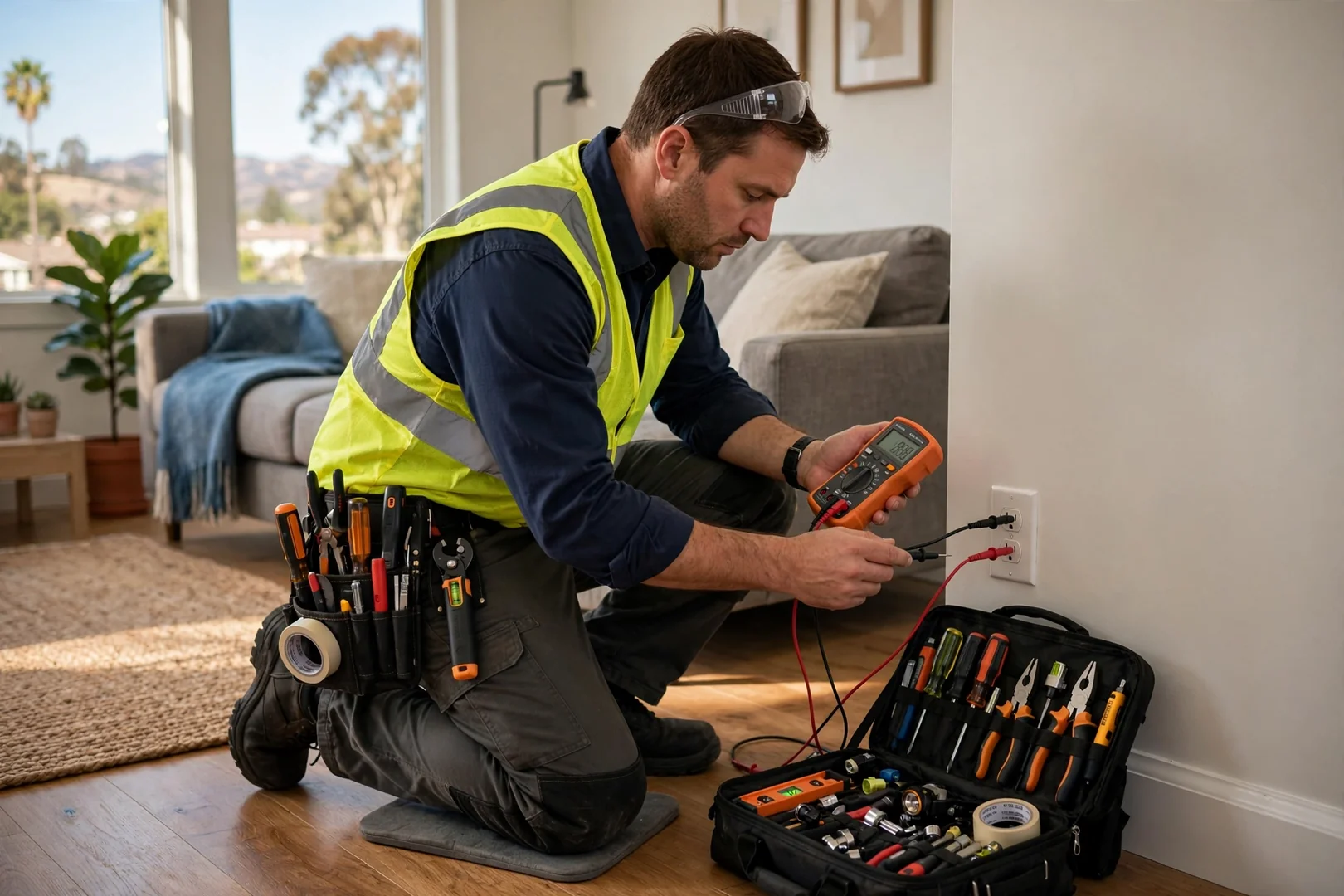 Circuit analyzer testing voltage and grounding at a finished living room outlet
