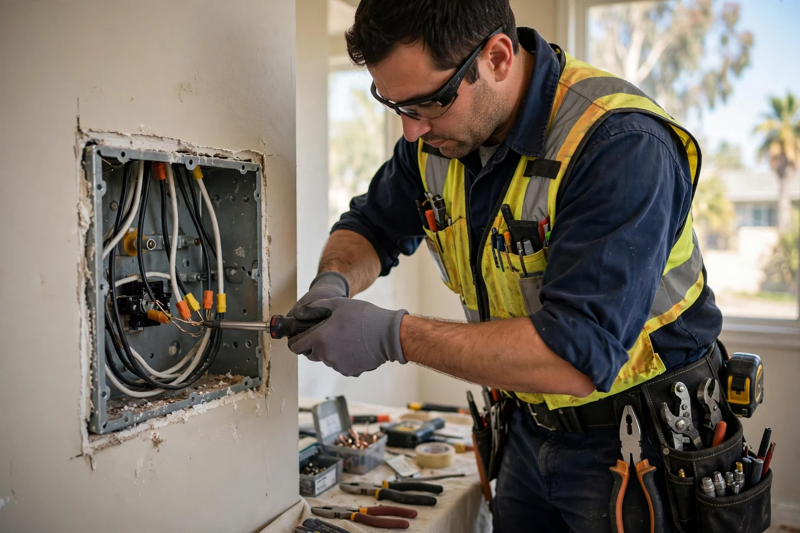 Electrician torquing wire connections inside an open receptacle box
